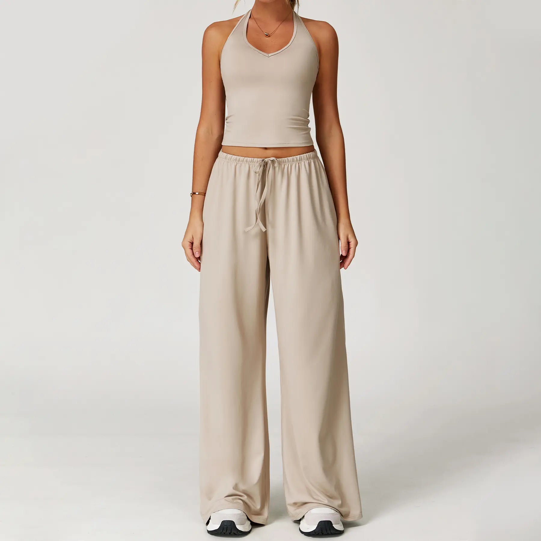 Nvwaurban Women's 2-Piece Summer Athleisure Set: Ribbed V-Neck Top and Wide Leg Pants for Gym and Travel