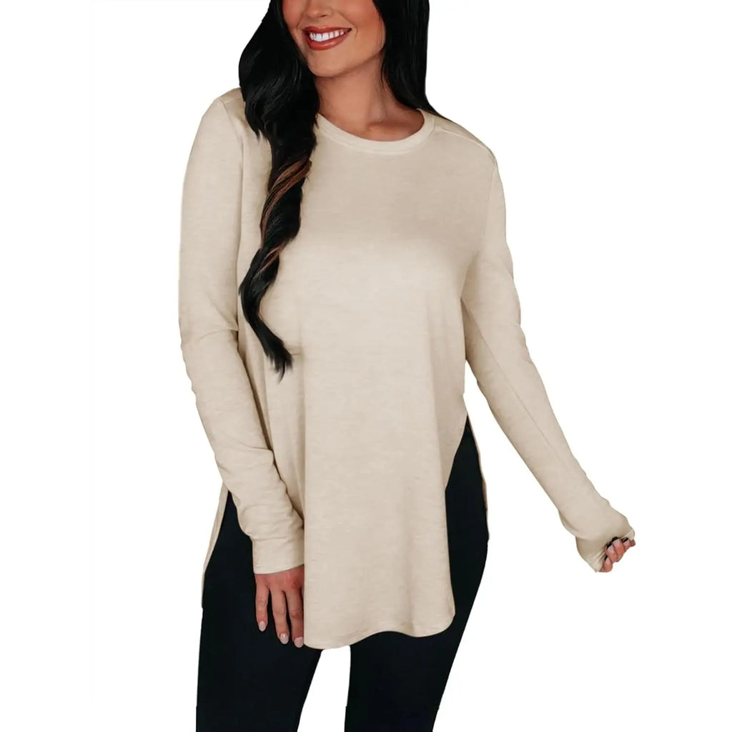 Women's Stylish Casual Tunic Top - Long Sleeve Viscose Elastane Pullover with Side Split Hi-Low Hem for Effortless Dressy Comfort