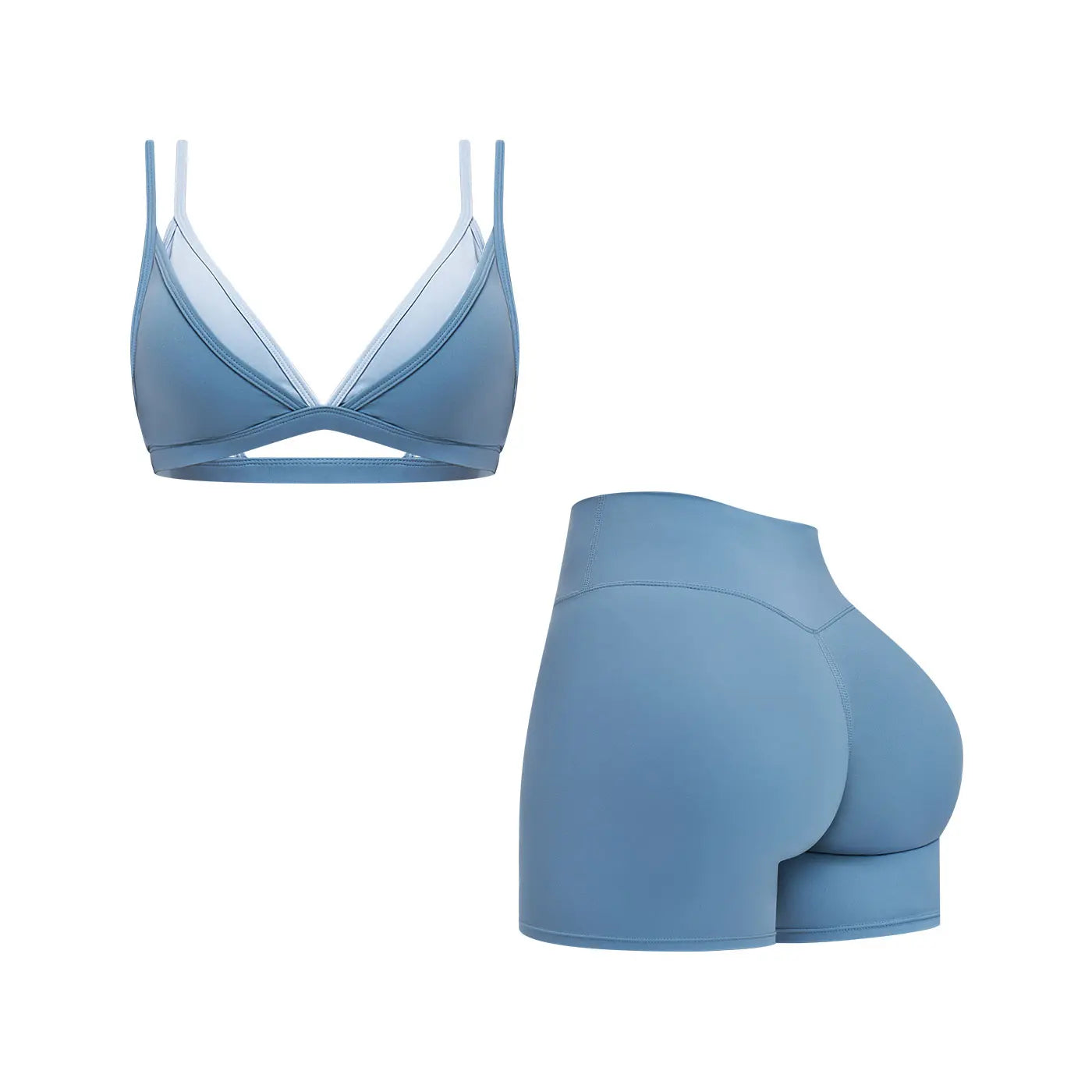 MFVIM Women's Faux Two-Piece Bra with Elegant Back Design and Thin Straps, Complemented by High-Waisted Solid-Color Slim Shorts; Ideal for Outdoor Activities, Yoga, Pilates, Gym Workouts, and Running.