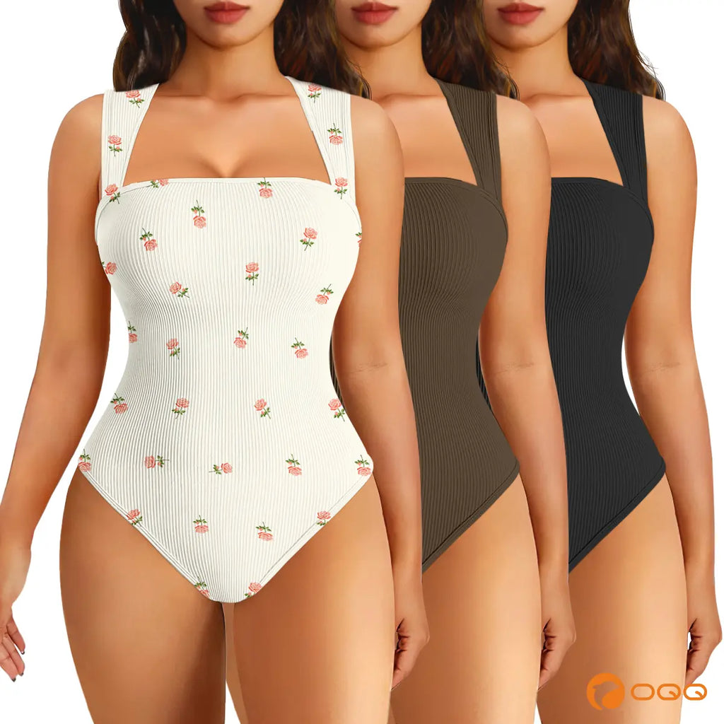 Oqqfitness Women's 3-Piece Ribbed Printed Bodysuit Set - Square Neck, Sleeveless, Stretchy Top for Casual Chic Elegance in All Seasons