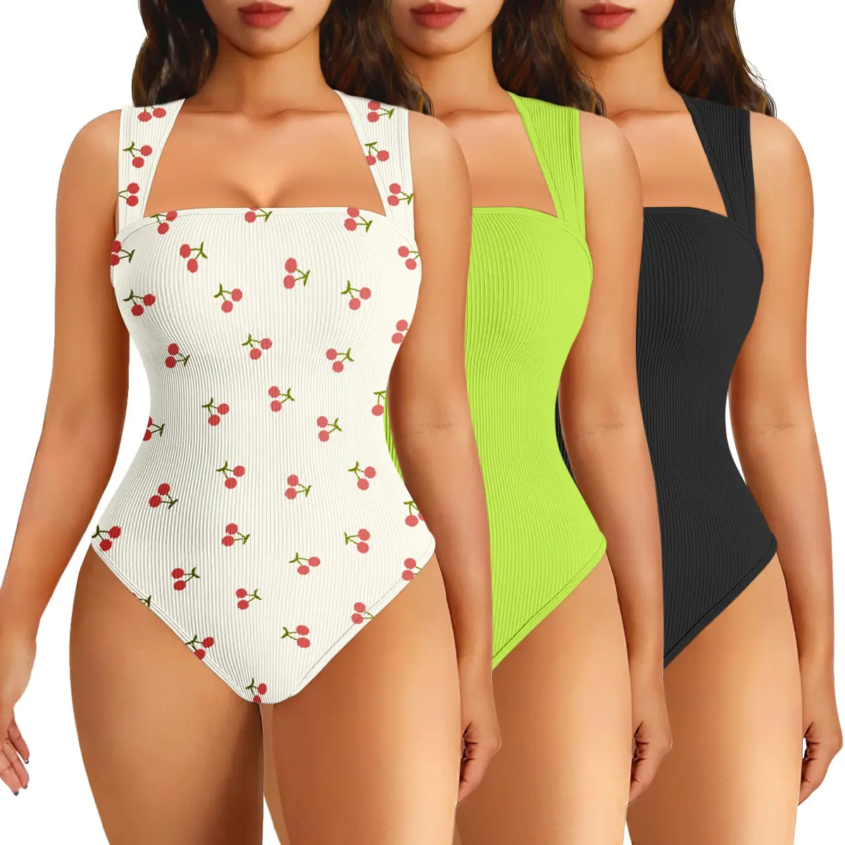 Oqqfitness Women's 3-Piece Ribbed Printed Bodysuit Set - Square Neck, Sleeveless, Stretchy Top for Casual Chic Elegance in All Seasons