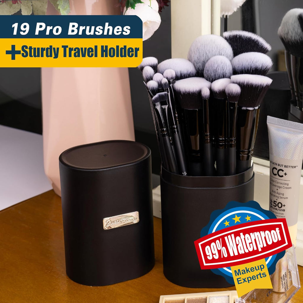 19-Piece Ultra Soft Black Label Dense Hair Makeup Brush Set with Travel Case - Includes Large Powder, Flat Foundation, Ultimate Blending, Blush, and Concealer Brushes