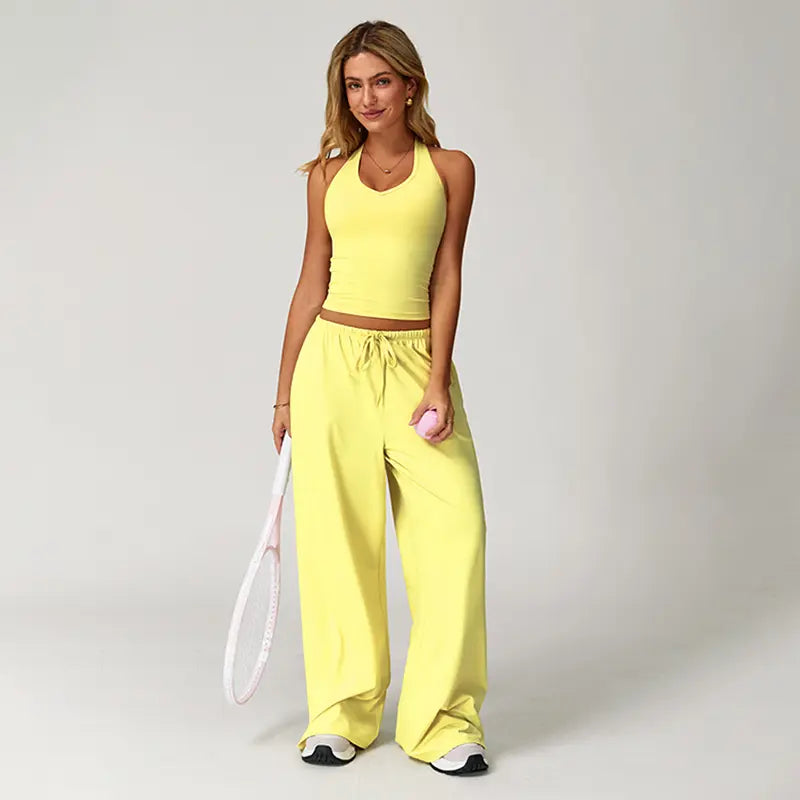 Nvwaurban Women's 2-Piece Summer Athleisure Set: Ribbed V-Neck Top and Wide Leg Pants for Gym and Travel