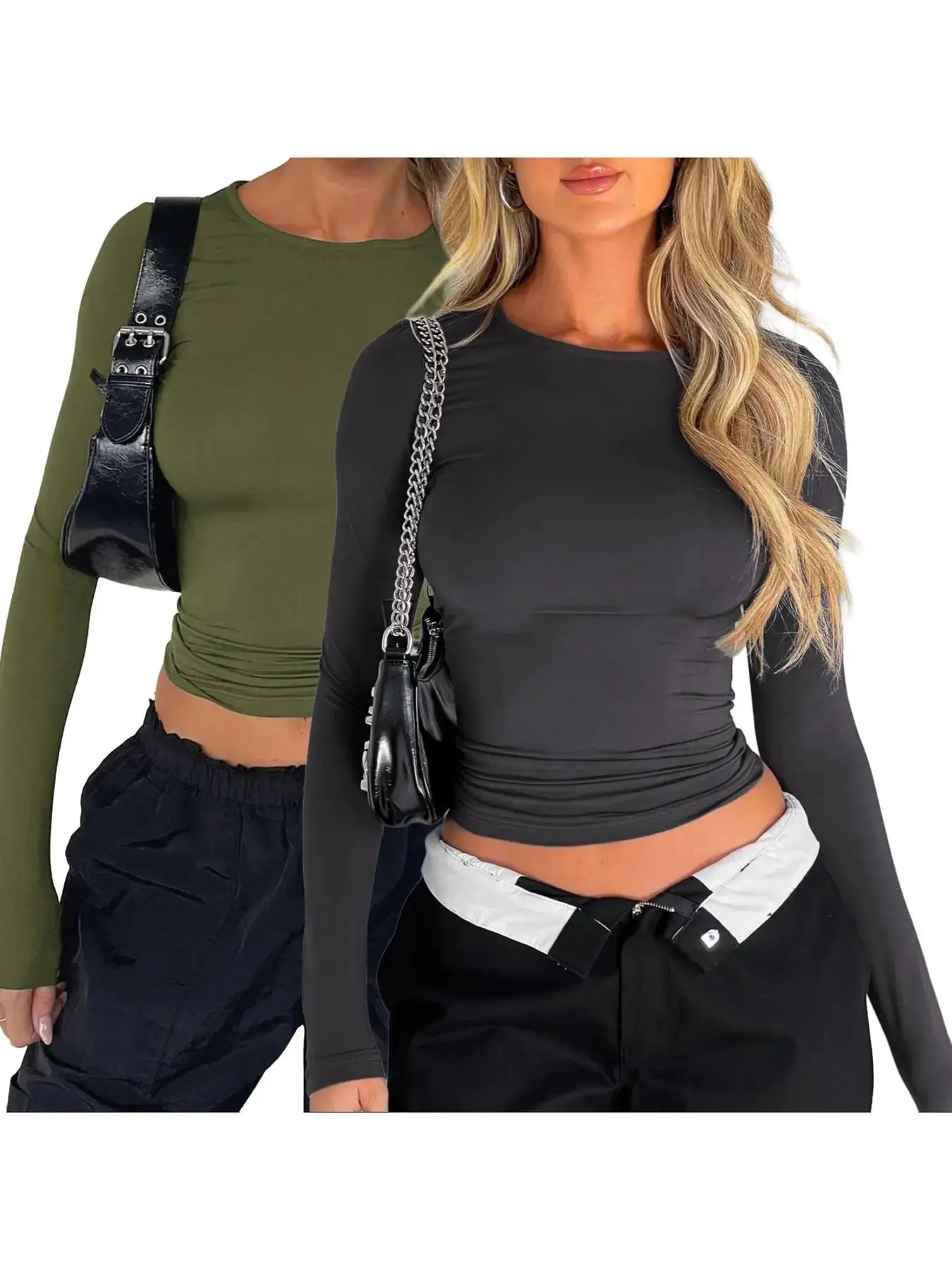 Women's Trendy Round Neck Long Sleeve Crop Top - Casual Slim-Fitting Tee for Music Festivals, Dating, and Everyday Wear