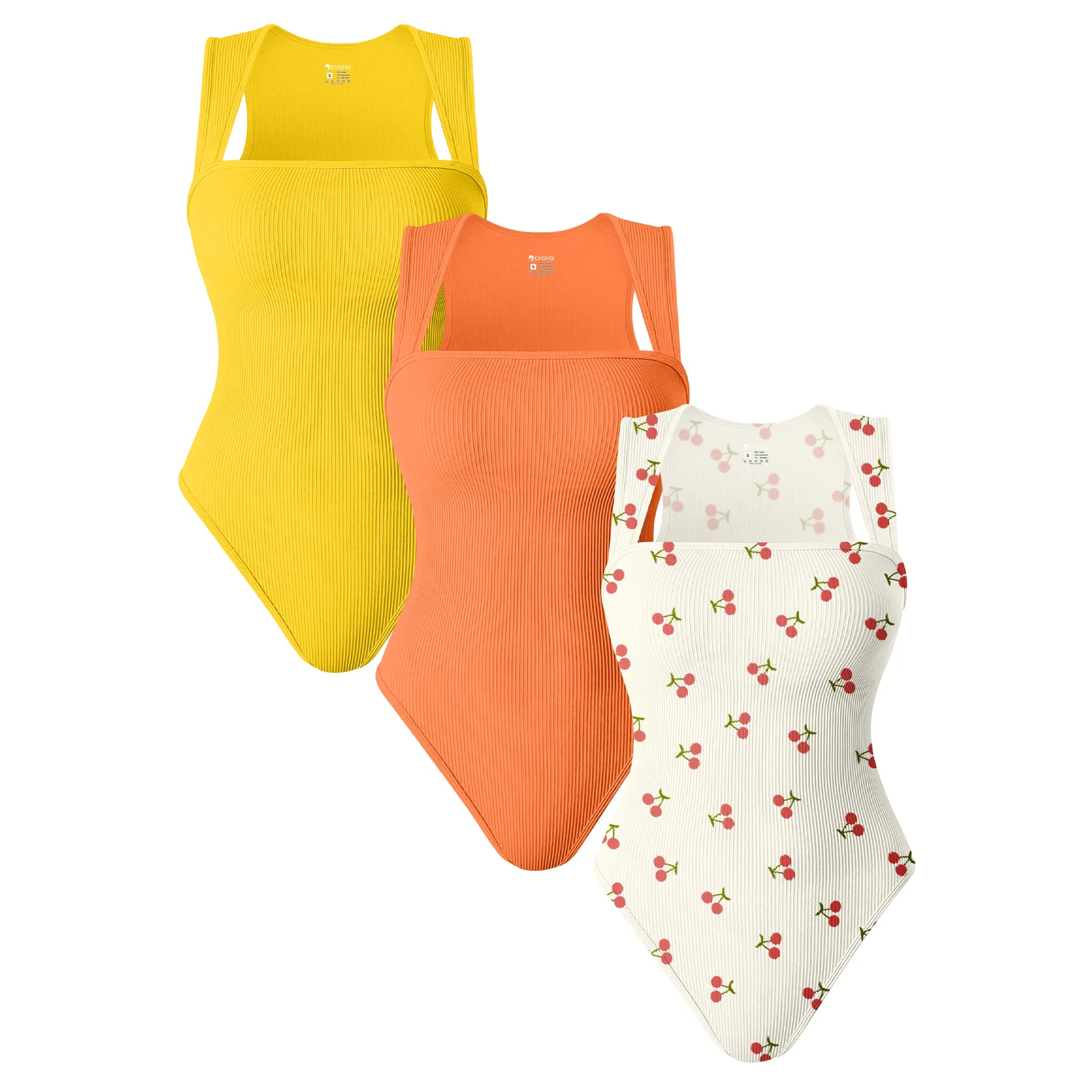 Oqqfitness Women's 3-Piece Ribbed Printed Bodysuit Set - Square Neck, Sleeveless, Stretchy Top for Casual Chic Elegance in All Seasons