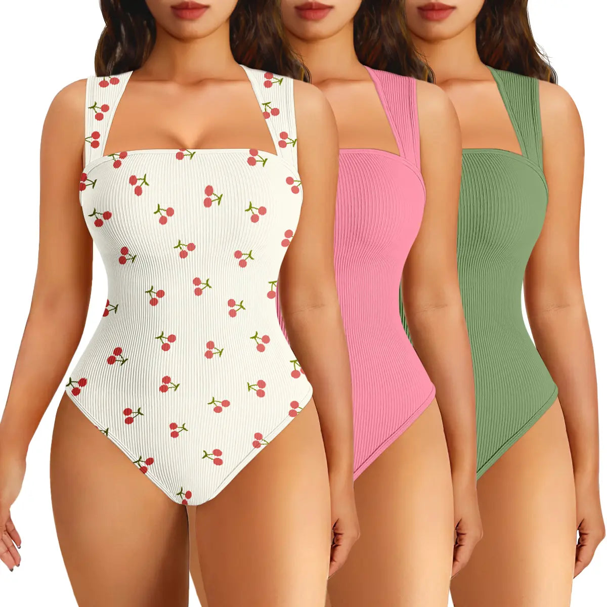Oqqfitness Women's 3-Piece Ribbed Printed Bodysuit Set - Square Neck, Sleeveless, Stretchy Top for Casual Chic Elegance in All Seasons