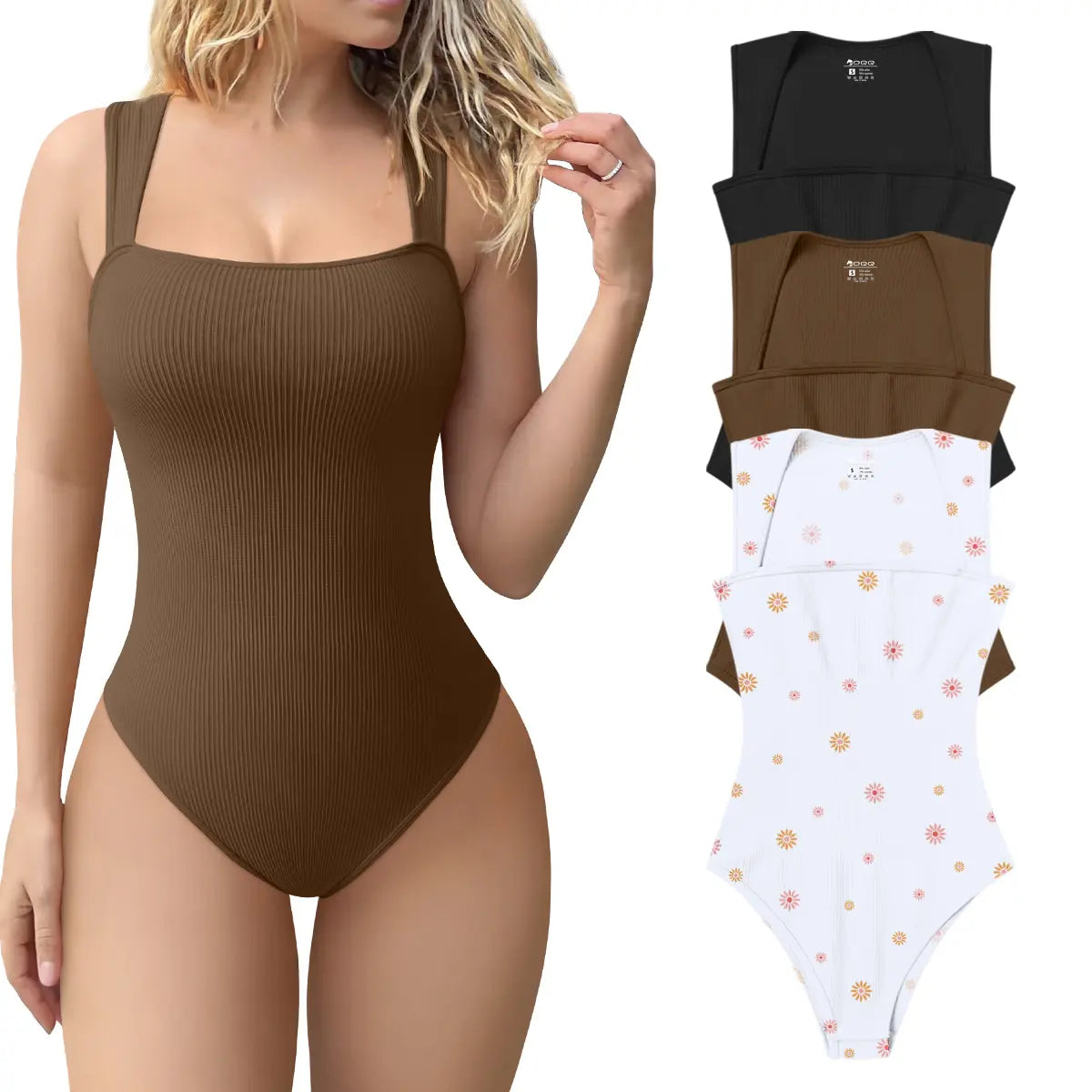 Oqqfitness Women's 3-Piece Ribbed Printed Bodysuit Set - Square Neck, Sleeveless, Stretchy Top for Casual Chic Elegance in All Seasons