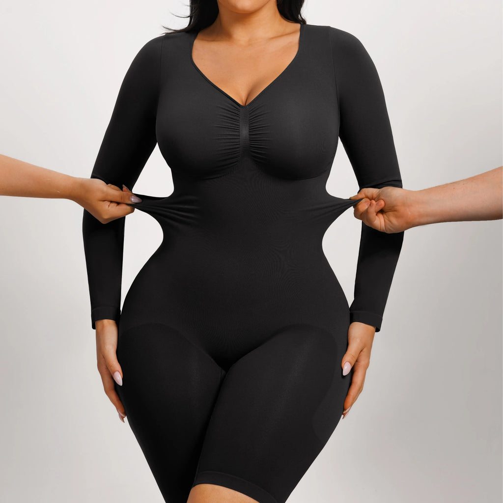 Feelingirl Women's Long Sleeve Tummy Control V-Neck Bodysuit - Basic Stretchy Slim Fit Top for Outings