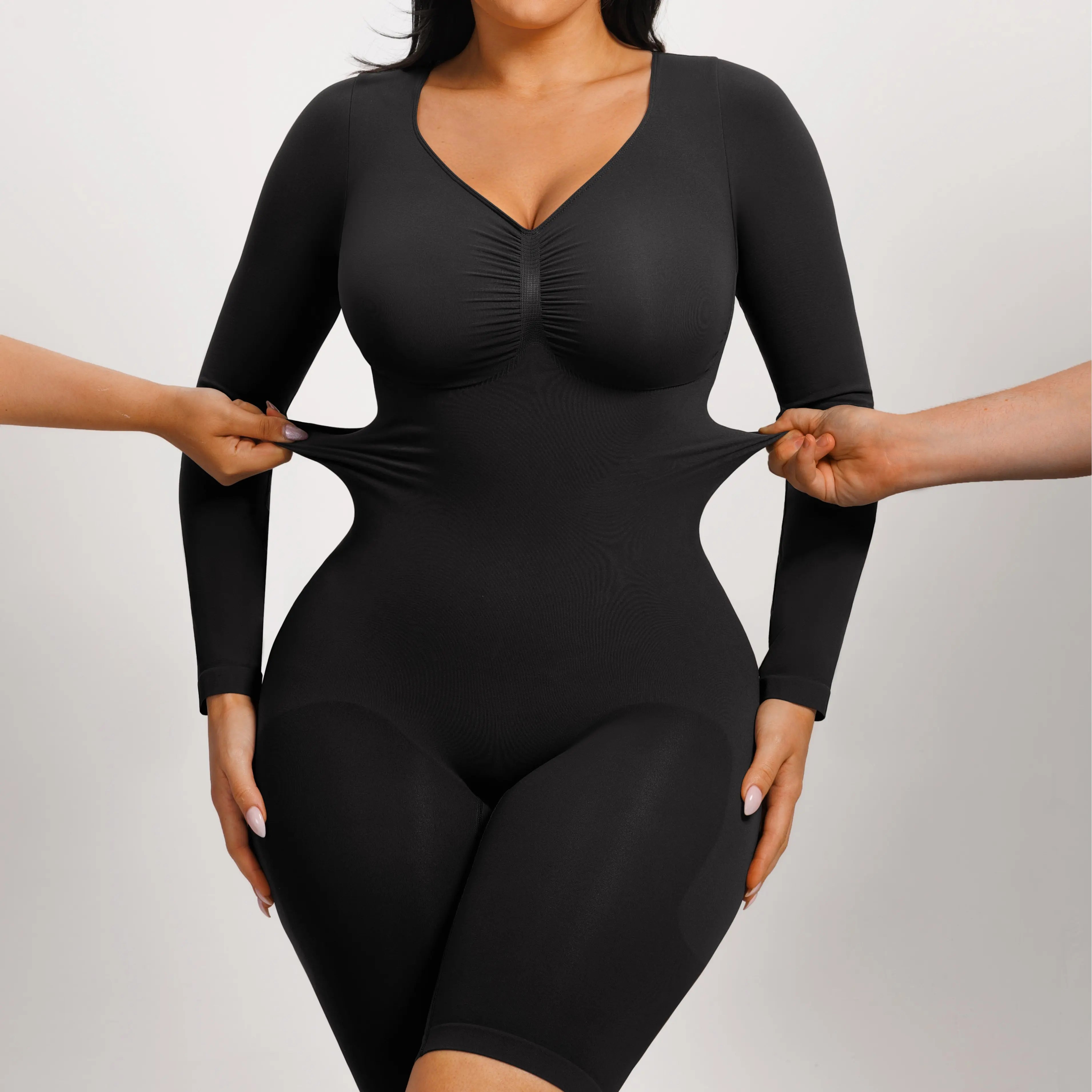 Feelingirl Women's Long Sleeve Tummy Control V-Neck Bodysuit - Basic Stretchy Slim Fit Top for Outings