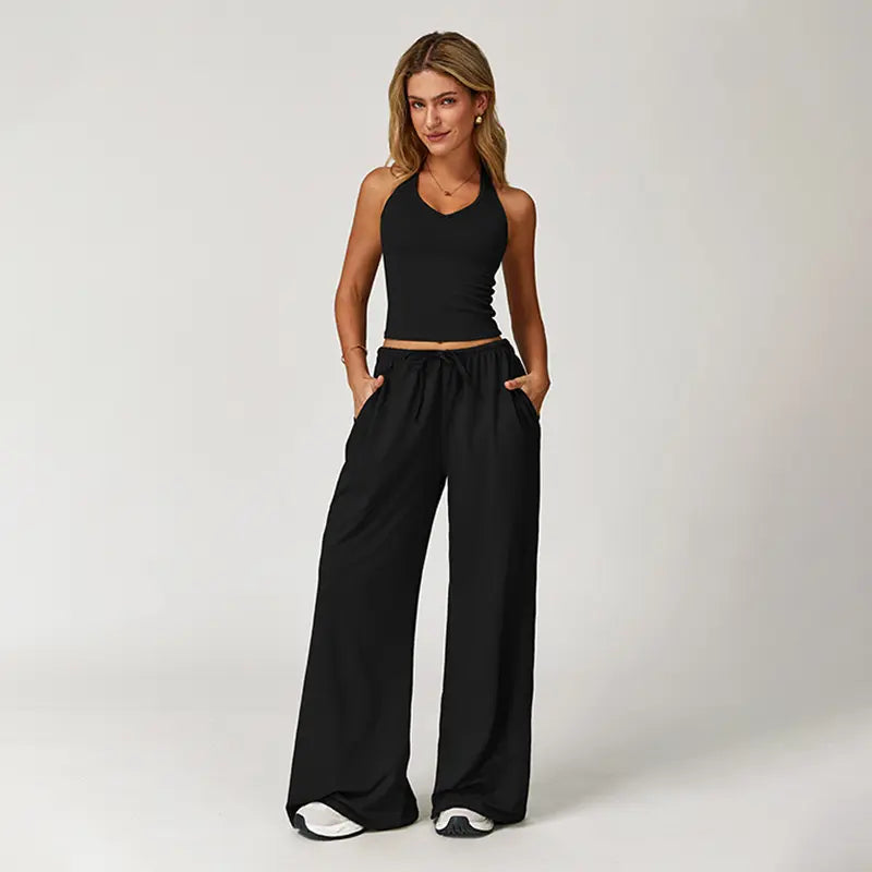 Nvwaurban Women's 2-Piece Summer Athleisure Set: Ribbed V-Neck Top and Wide Leg Pants for Gym and Travel