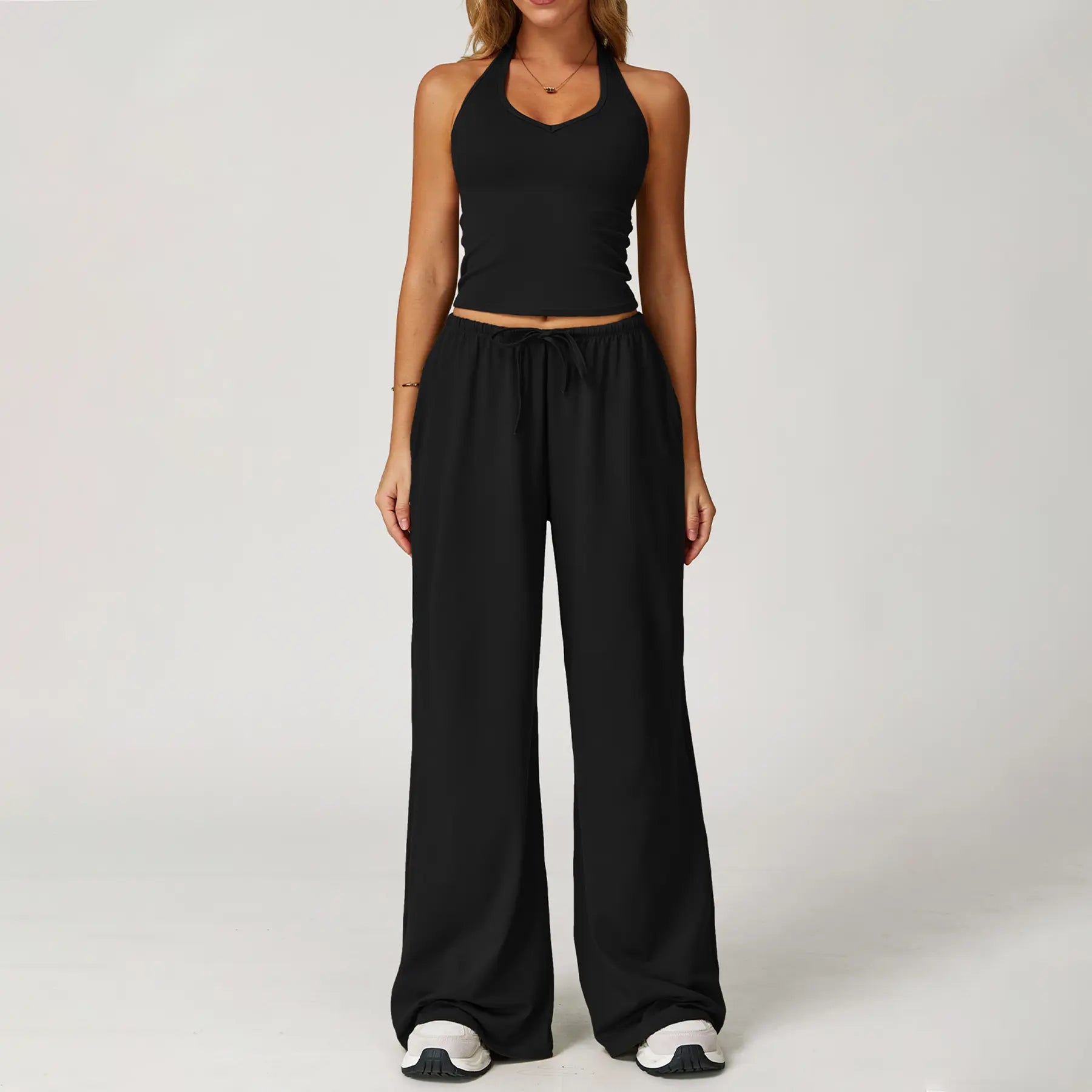Nvwaurban Women's 2-Piece Summer Athleisure Set: Ribbed V-Neck Top and Wide Leg Pants for Gym and Travel