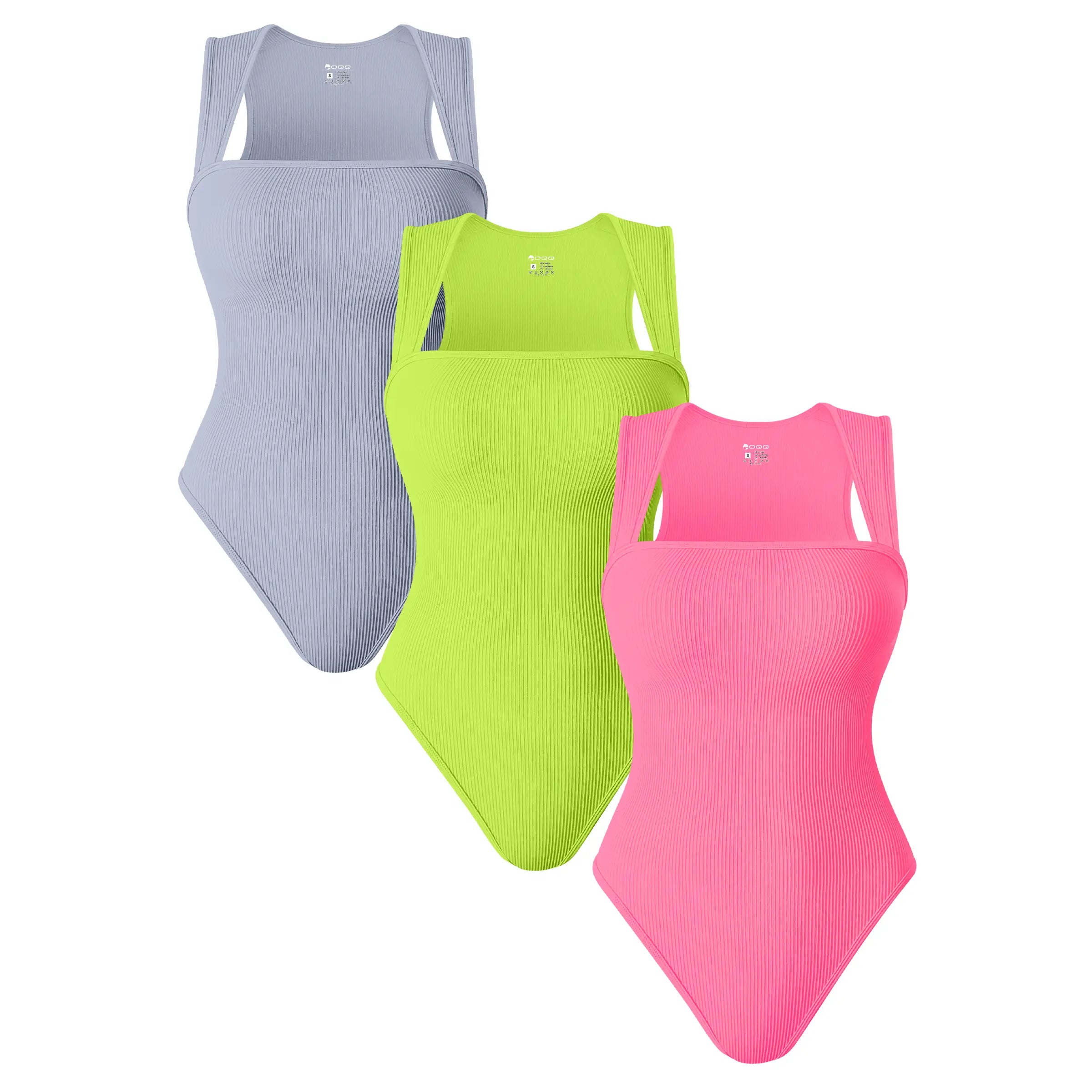 Oqqfitness Women's 3-Piece Ribbed Printed Bodysuit Set - Square Neck, Sleeveless, Stretchy Top for Casual Chic Elegance in All Seasons