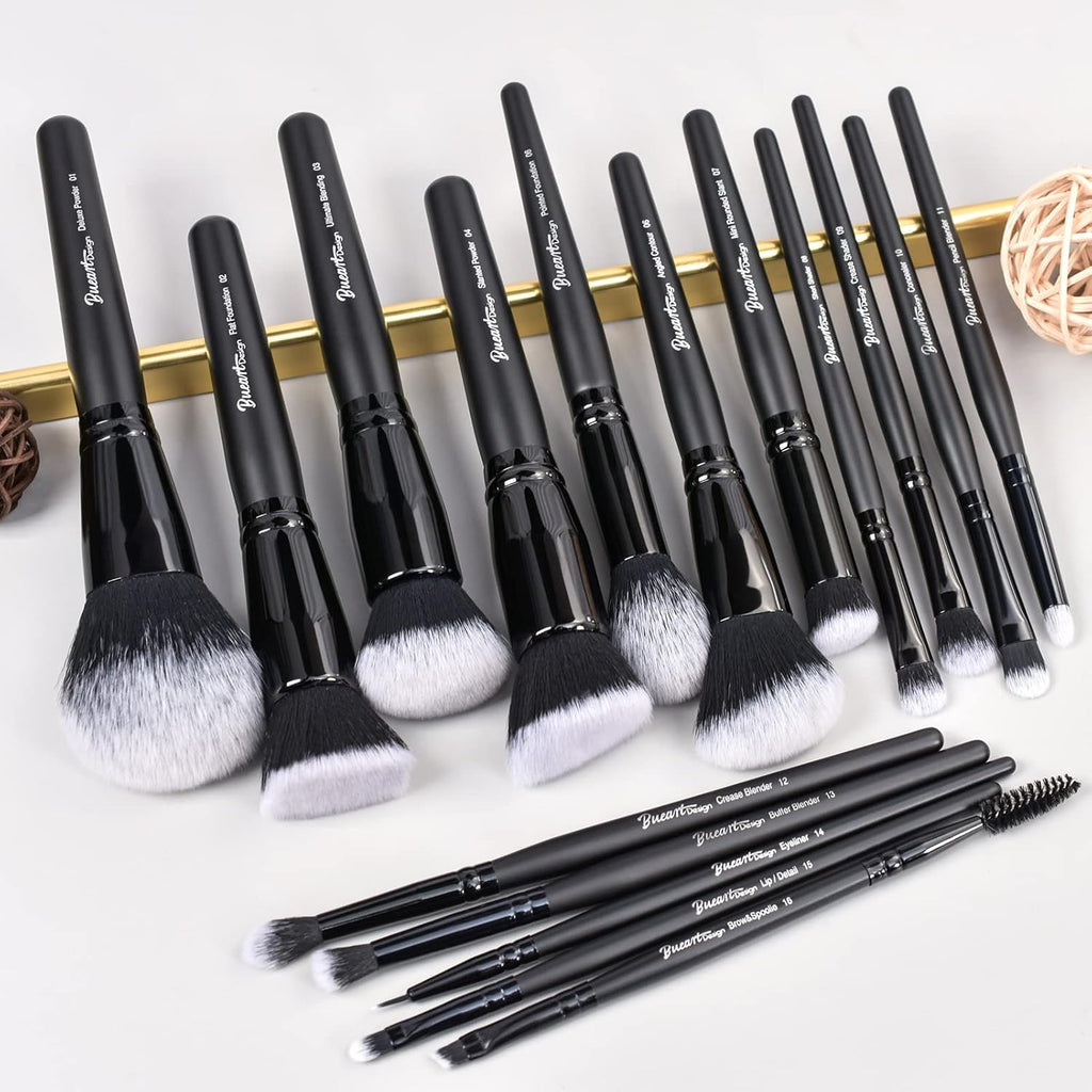 19-Piece Ultra Soft Black Label Dense Hair Makeup Brush Set with Travel Case - Includes Large Powder, Flat Foundation, Ultimate Blending, Blush, and Concealer Brushes