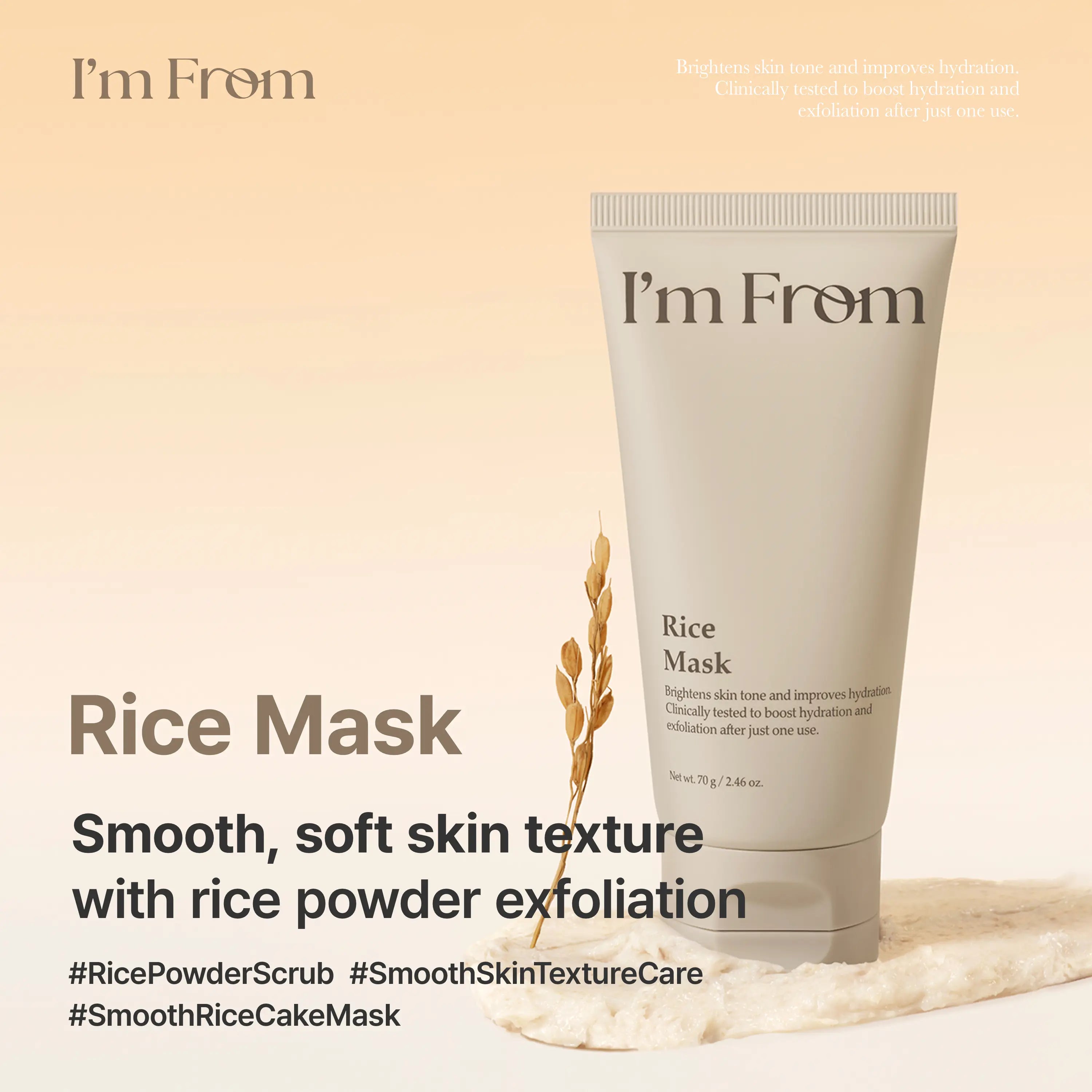 I'M from Rice Mask - Gentle Exfoliating and Hydrating Wash-Off Face Mask with Rice Powder for Radiant Skin, 2.37 Fl Oz, Suitable for Sensitive Skin, Organic and Hypoallergenic Formula