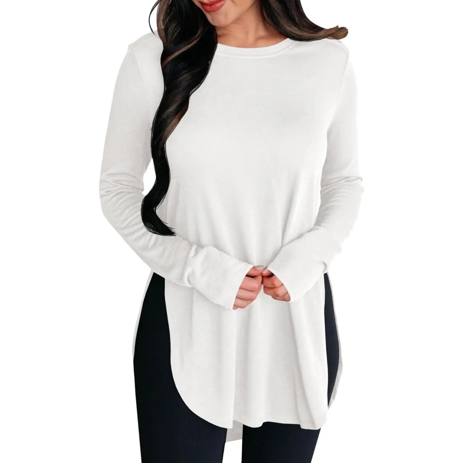 Women's Stylish Casual Tunic Top - Long Sleeve Viscose Elastane Pullover with Side Split Hi-Low Hem for Effortless Dressy Comfort