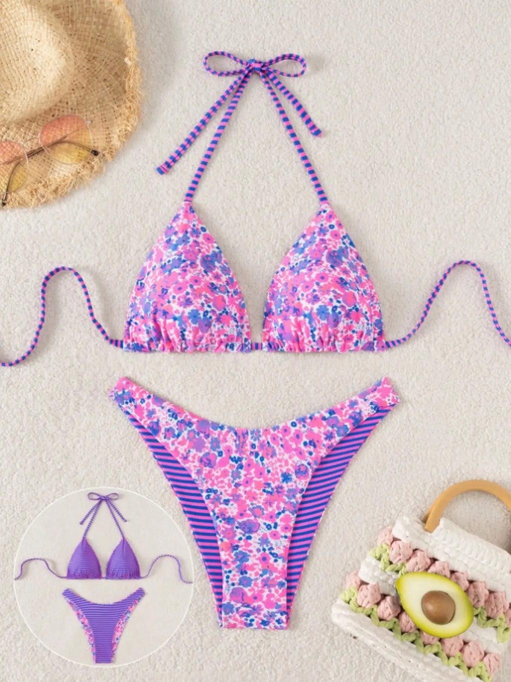 Women's Floral Print Two-Piece Bikini Swimsuit Set - Comfortable Tie-Neck Design for Pool Parties and Beach Vacations