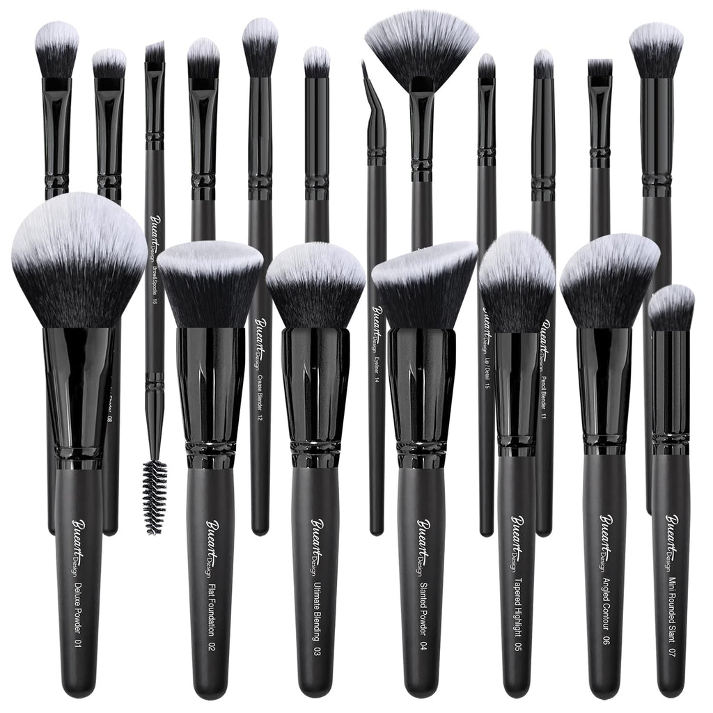 19-Piece Ultra Soft Black Label Dense Hair Makeup Brush Set with Travel Case - Includes Large Powder, Flat Foundation, Ultimate Blending, Blush, and Concealer Brushes