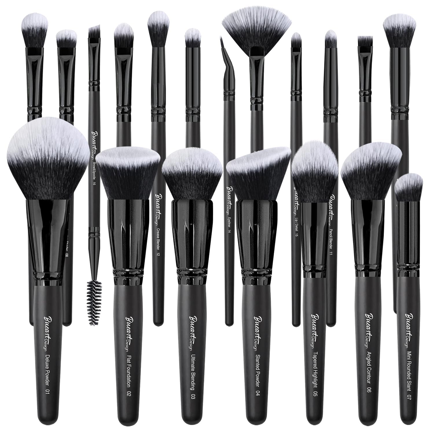 19-Piece Ultra Soft Black Label Dense Hair Makeup Brush Set with Travel Case - Includes Large Powder, Flat Foundation, Ultimate Blending, Blush, and Concealer Brushes
