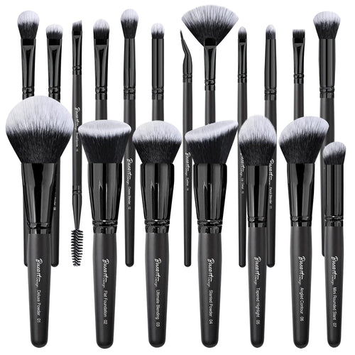 19-Piece Ultra Soft Black Label Dense Hair Makeup Brush Set with Travel Case - Includes Large Powder, Flat Foundation, Ultimate Blending, Blush, and Concealer Brushes