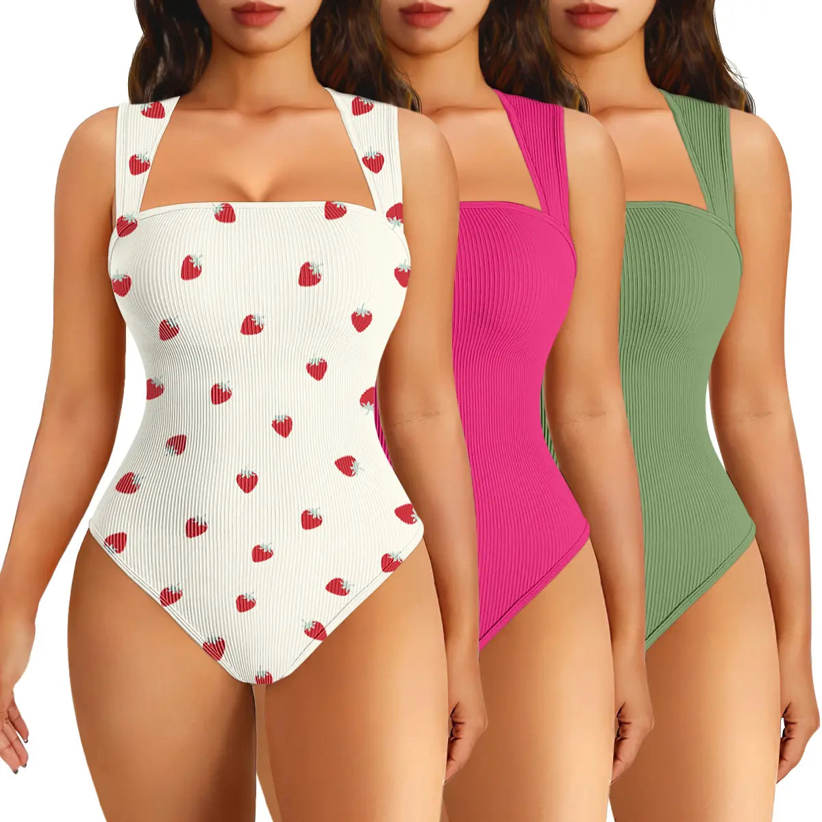 Oqqfitness Women's 3-Piece Ribbed Printed Bodysuit Set - Square Neck, Sleeveless, Stretchy Top for Casual Chic Elegance in All Seasons