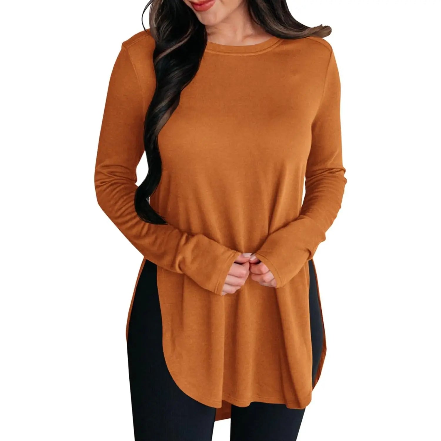 Women's Stylish Casual Tunic Top - Long Sleeve Viscose Elastane Pullover with Side Split Hi-Low Hem for Effortless Dressy Comfort