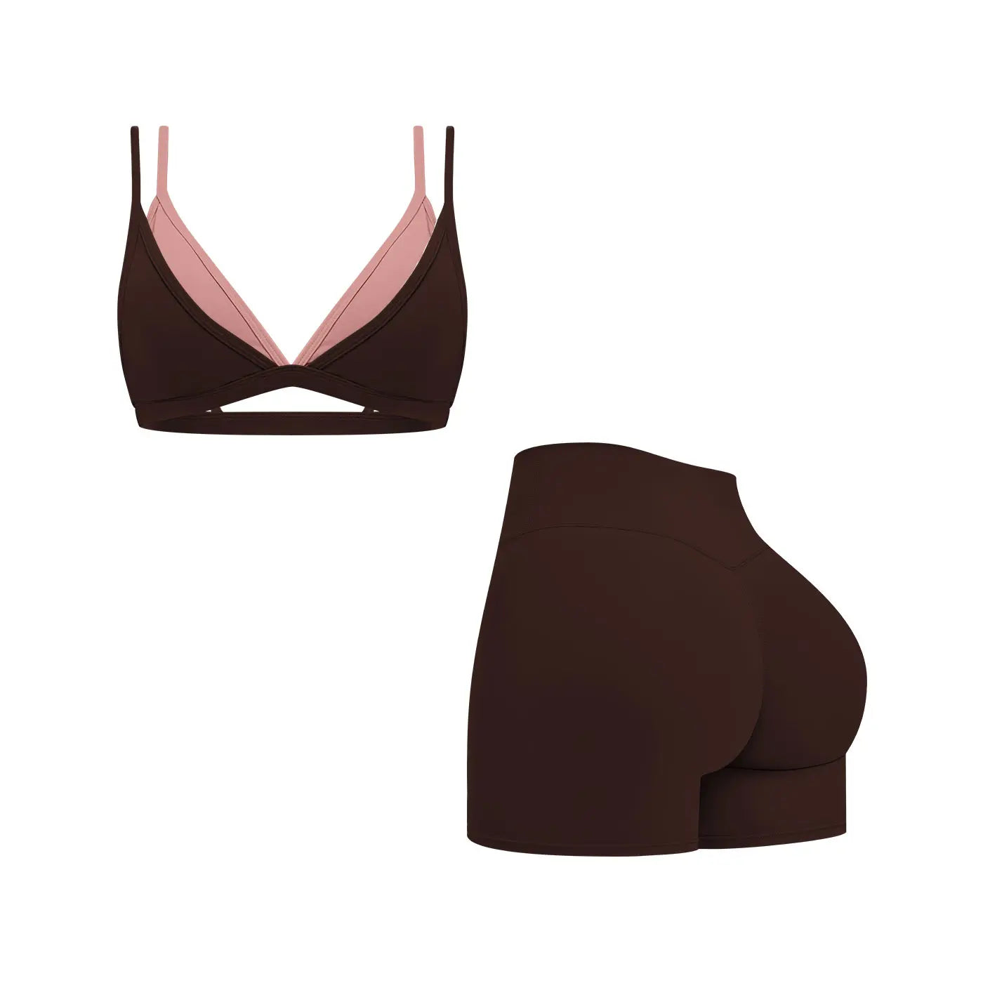 MFVIM Women's Faux Two-Piece Bra with Elegant Back Design and Thin Straps, Complemented by High-Waisted Solid-Color Slim Shorts; Ideal for Outdoor Activities, Yoga, Pilates, Gym Workouts, and Running.