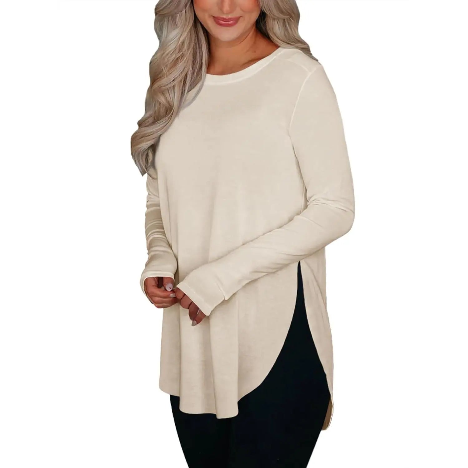 Women's Stylish Casual Tunic Top - Long Sleeve Viscose Elastane Pullover with Side Split Hi-Low Hem for Effortless Dressy Comfort