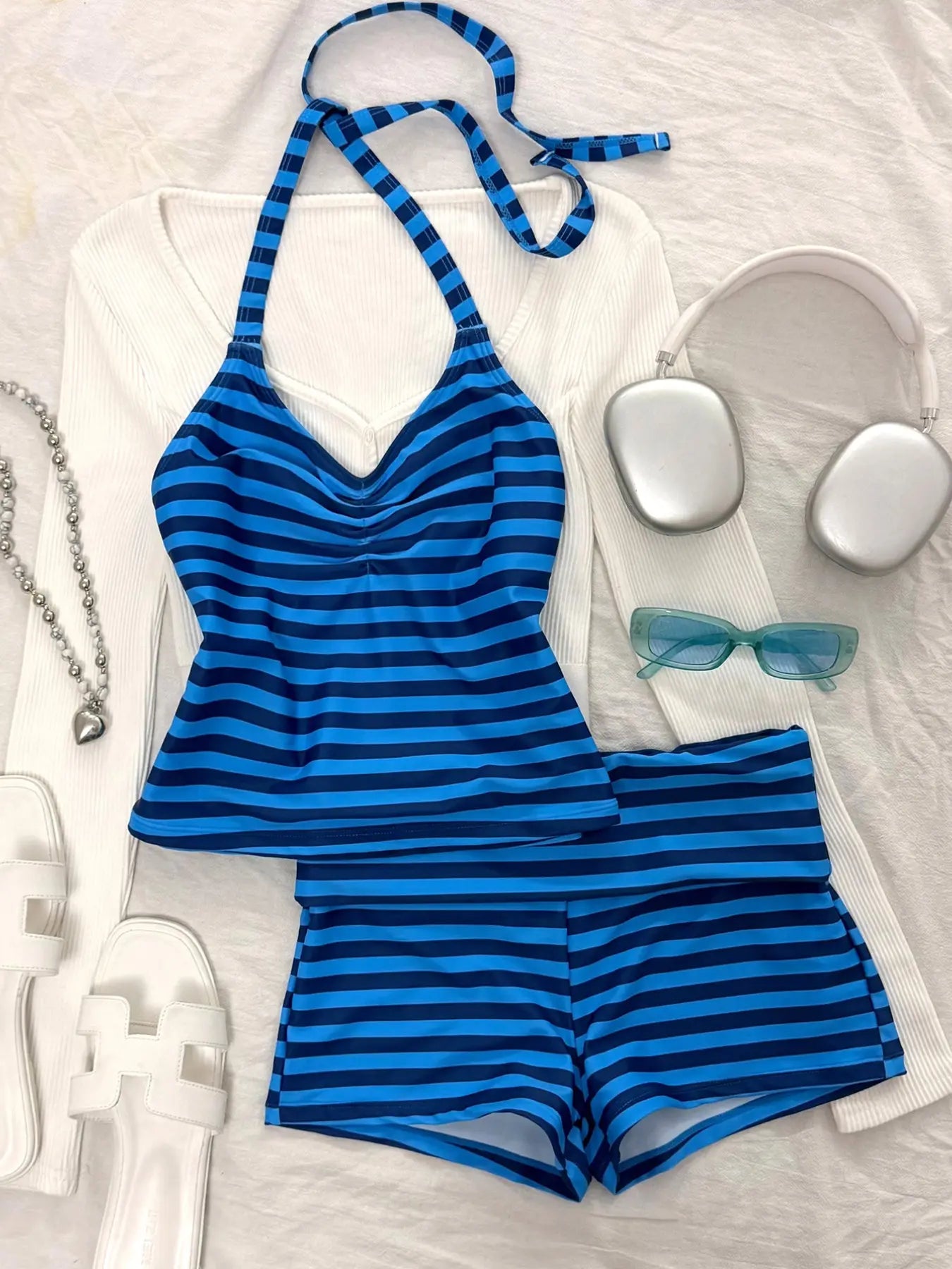 Striped Tankini Swimsuit, Elegant Sexy Halter Crop Top & Boyshorts, Women Sporty Swimwear for Beach Pool Vacation, Spring and Summer, Striped Swimsuits, Sporty Bathing Suit, Halter Neck Tankini