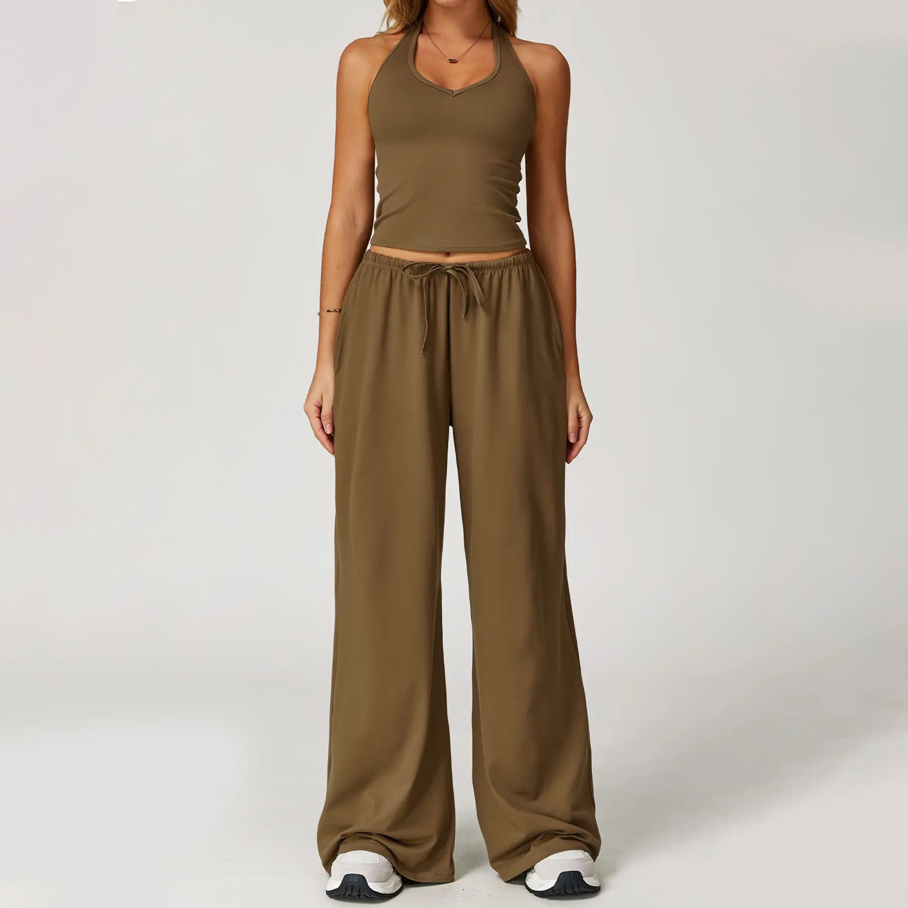 Nvwaurban Women's 2-Piece Summer Athleisure Set: Ribbed V-Neck Top and Wide Leg Pants for Gym and Travel