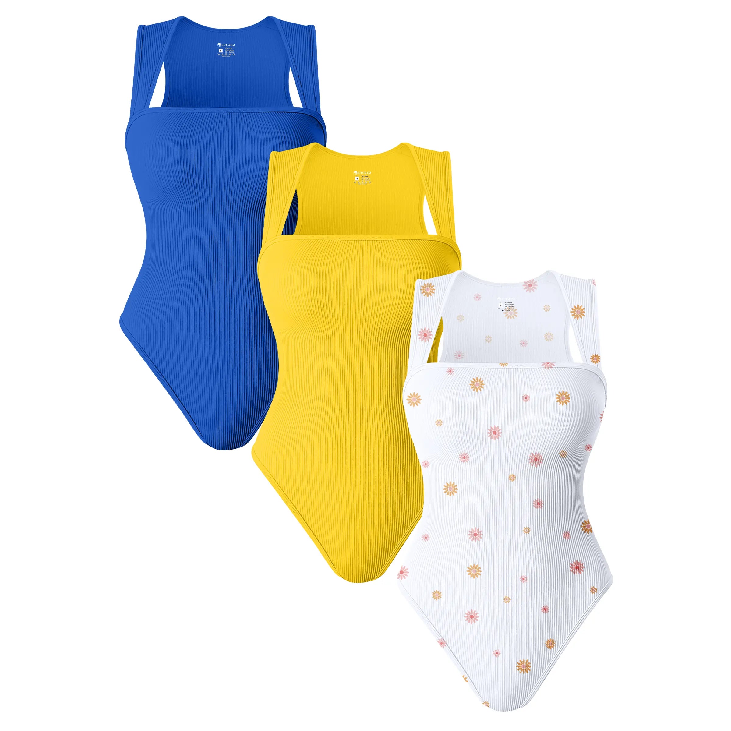 Oqqfitness Women's 3-Piece Ribbed Printed Bodysuit Set - Square Neck, Sleeveless, Stretchy Top for Casual Chic Elegance in All Seasons
