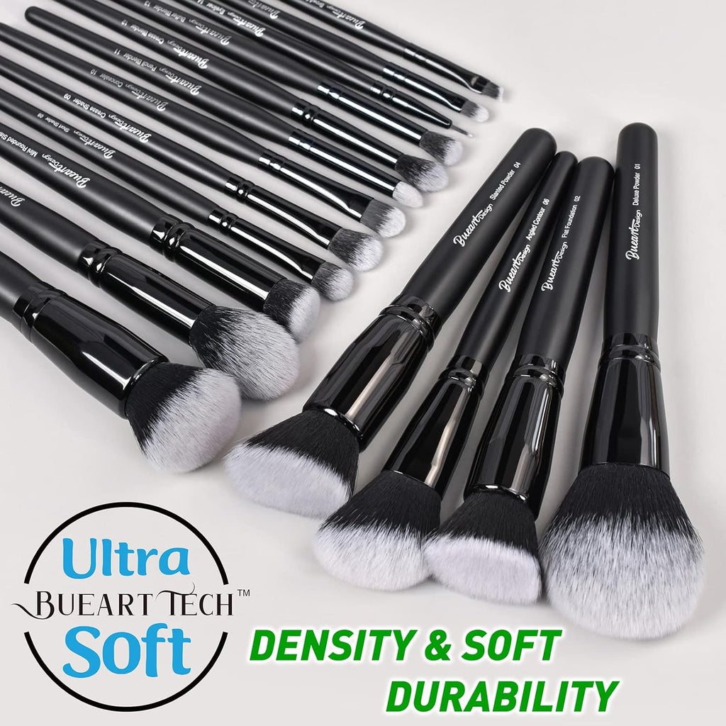 19-Piece Ultra Soft Black Label Dense Hair Makeup Brush Set with Travel Case - Includes Large Powder, Flat Foundation, Ultimate Blending, Blush, and Concealer Brushes