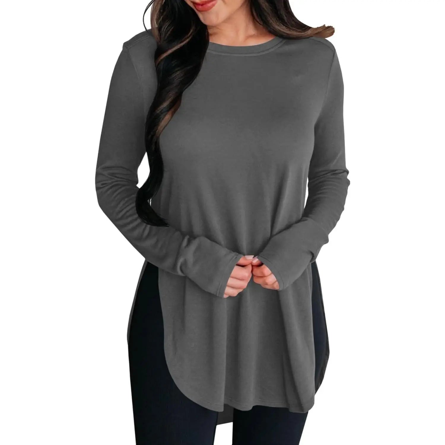 Women's Stylish Casual Tunic Top - Long Sleeve Viscose Elastane Pullover with Side Split Hi-Low Hem for Effortless Dressy Comfort
