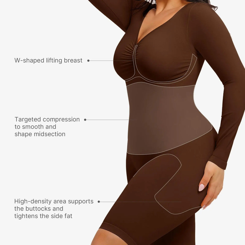 Feelingirl Women's Long Sleeve Tummy Control V-Neck Bodysuit - Basic Stretchy Slim Fit Top for Outings