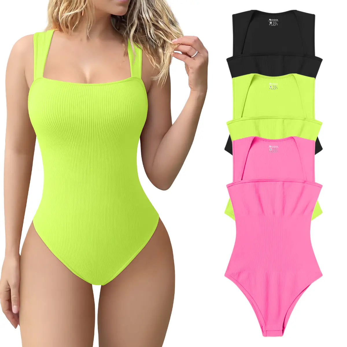Oqqfitness Women's 3-Piece Ribbed Printed Bodysuit Set - Square Neck, Sleeveless, Stretchy Top for Casual Chic Elegance in All Seasons