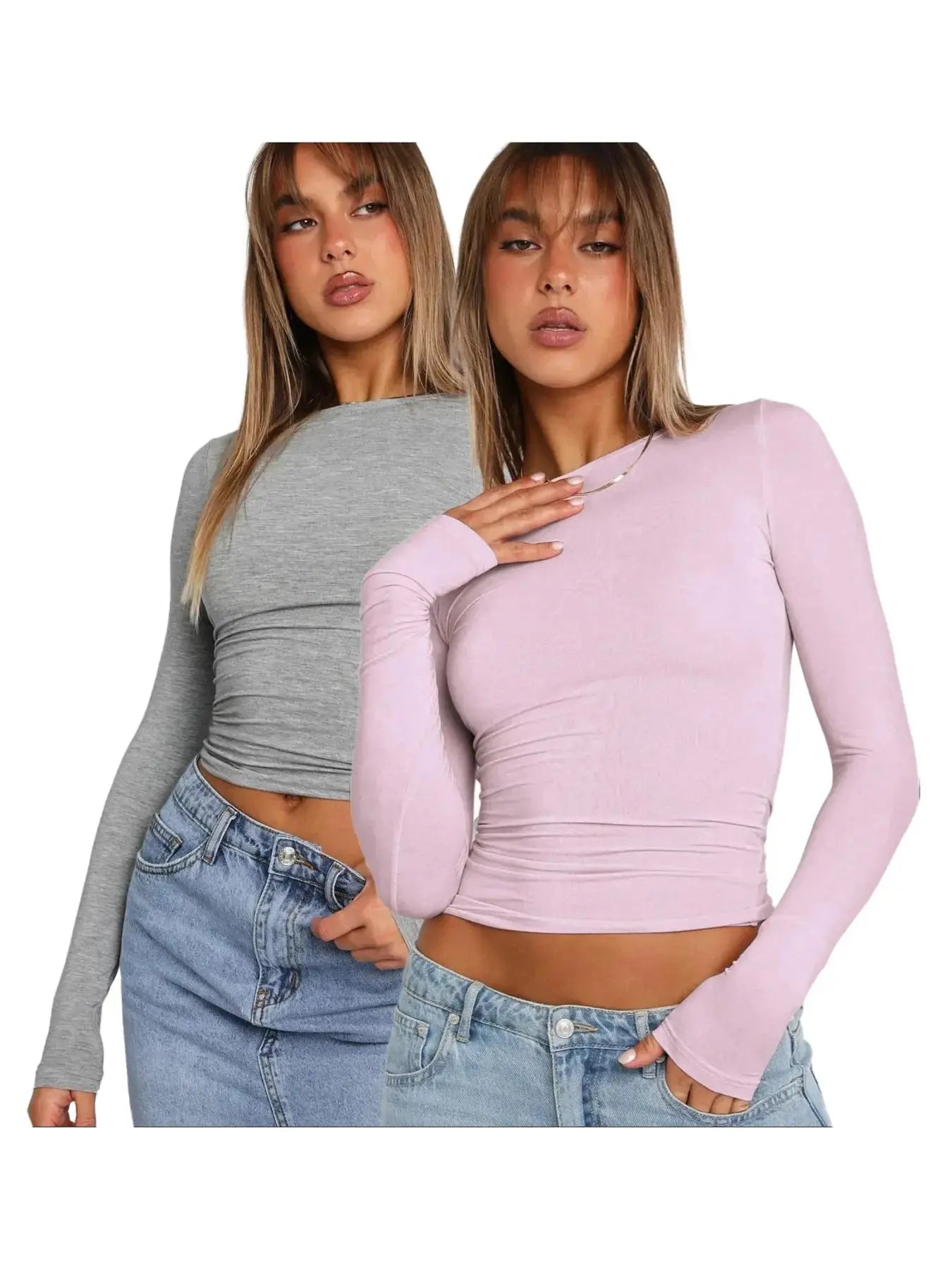 Women's Trendy Round Neck Long Sleeve Crop Top - Casual Slim-Fitting Tee for Music Festivals, Dating, and Everyday Wear