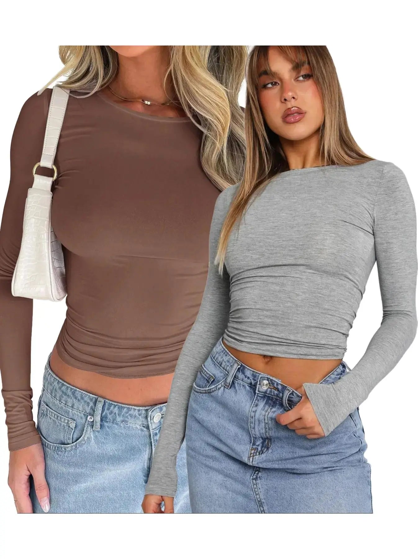 Women's Trendy Round Neck Long Sleeve Crop Top - Casual Slim-Fitting Tee for Music Festivals, Dating, and Everyday Wear