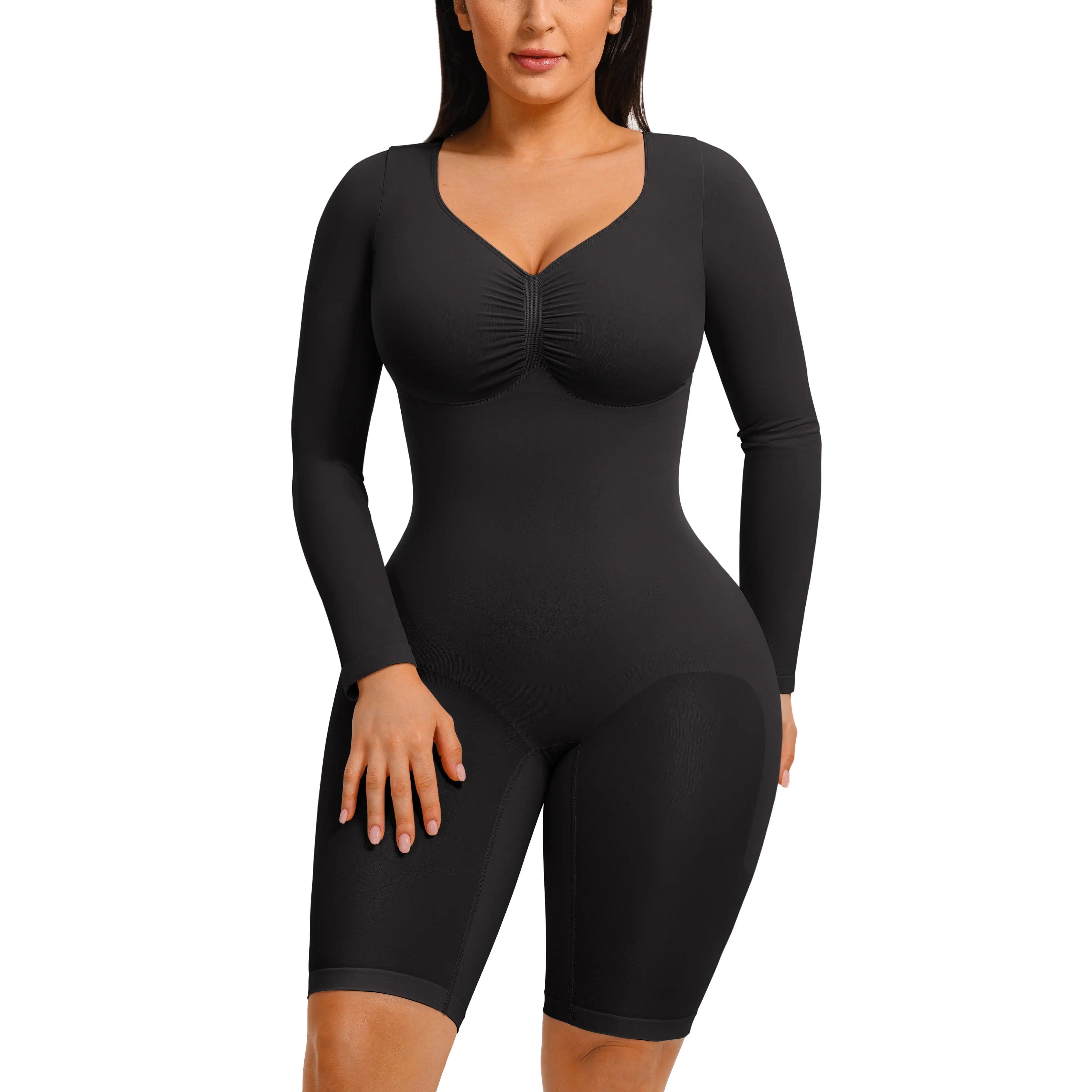 Feelingirl Women's Long Sleeve Tummy Control V-Neck Bodysuit - Basic Stretchy Slim Fit Top for Outings