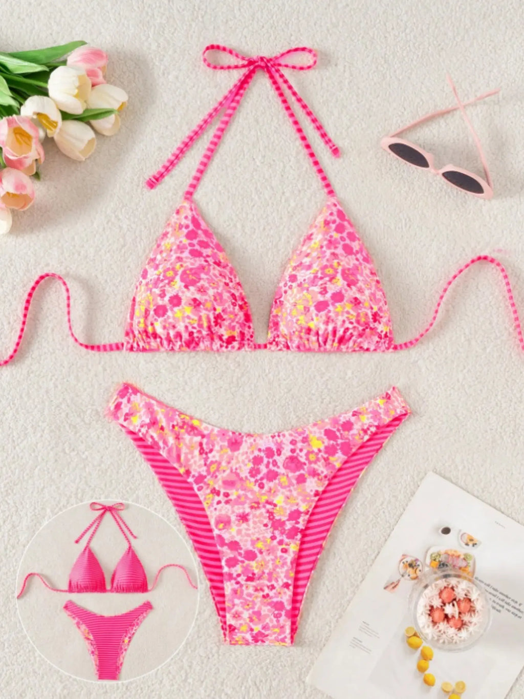 Women's Floral Print Two-Piece Bikini Swimsuit Set - Comfortable Tie-Neck Design for Pool Parties and Beach Vacations
