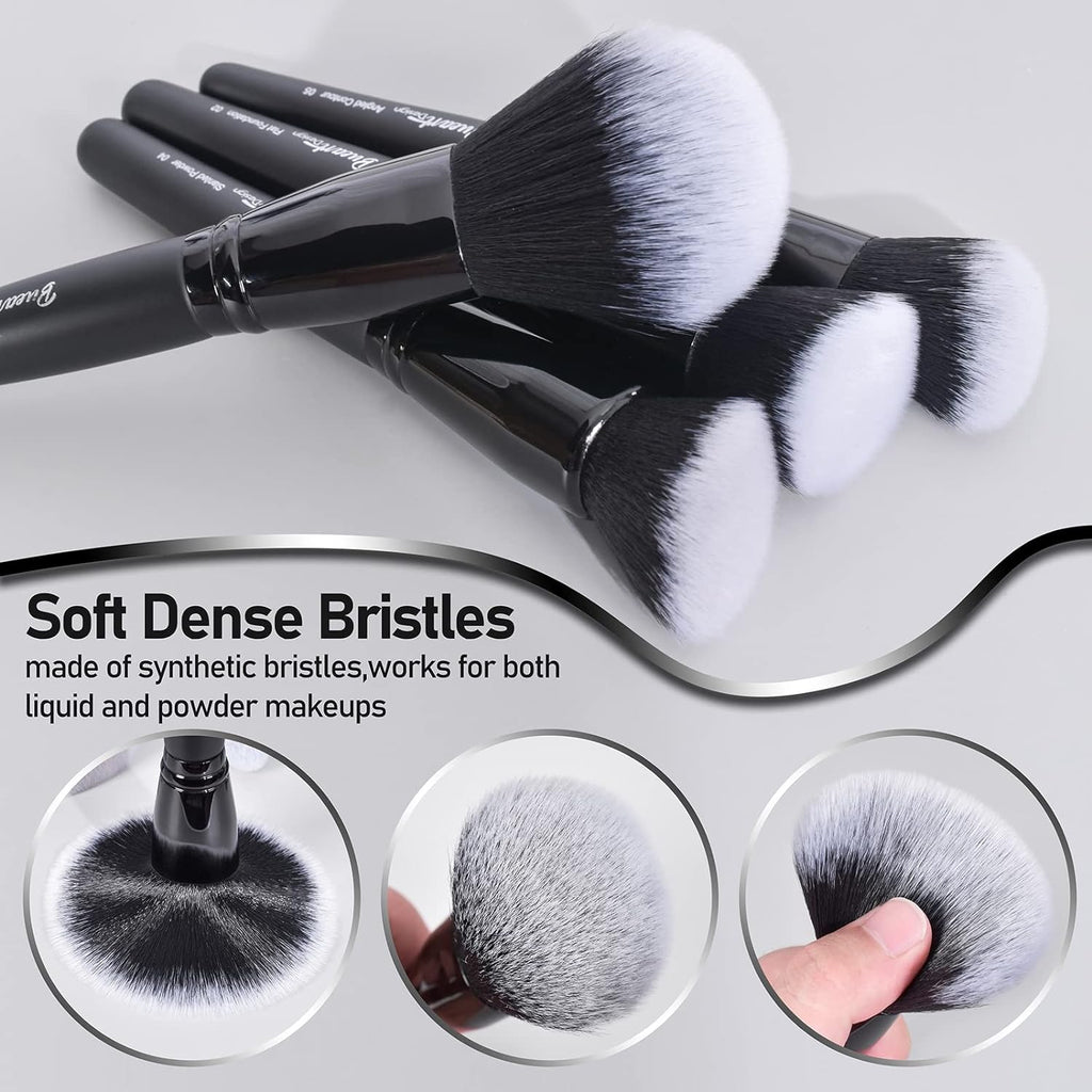 19-Piece Ultra Soft Black Label Dense Hair Makeup Brush Set with Travel Case - Includes Large Powder, Flat Foundation, Ultimate Blending, Blush, and Concealer Brushes