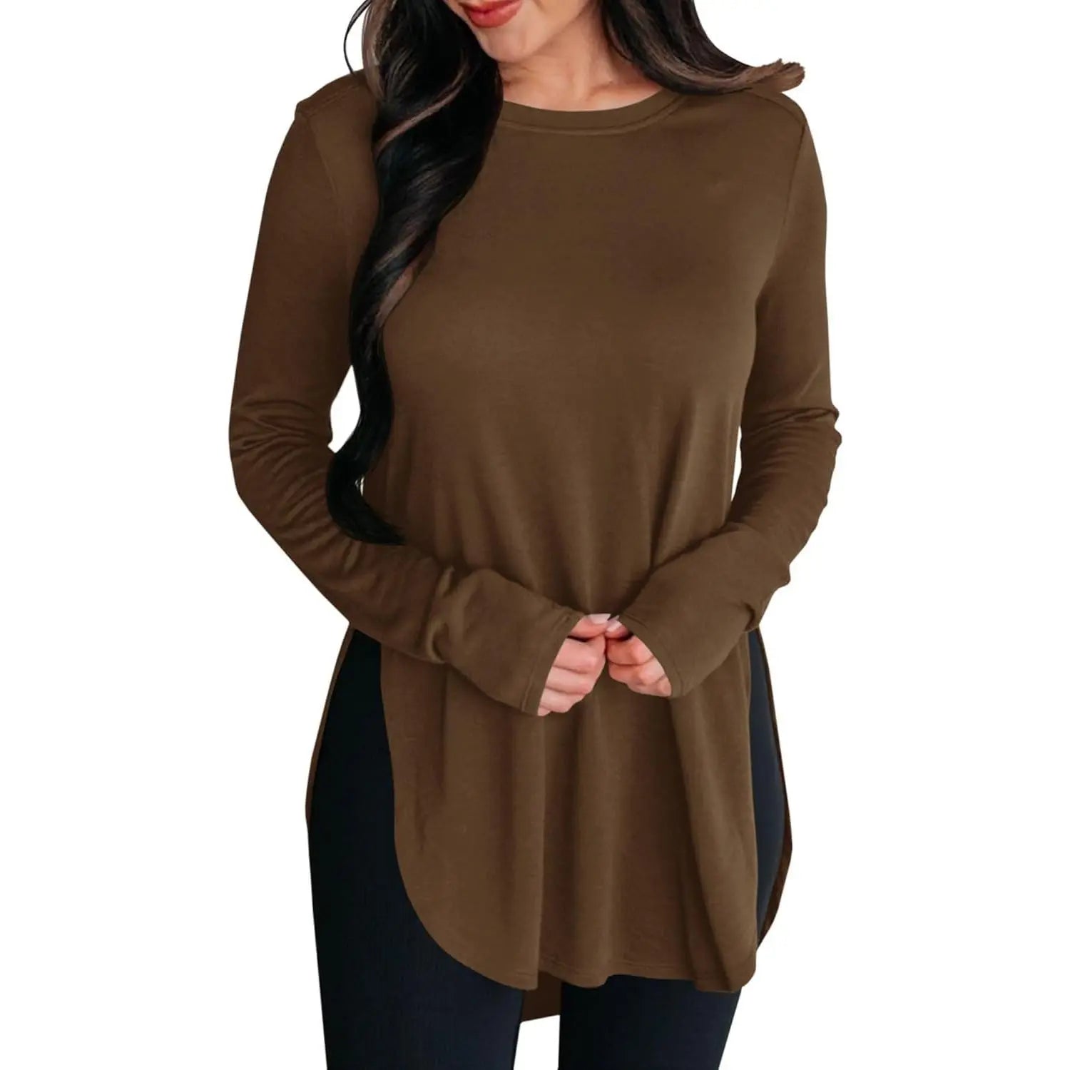 Women's Stylish Casual Tunic Top - Long Sleeve Viscose Elastane Pullover with Side Split Hi-Low Hem for Effortless Dressy Comfort