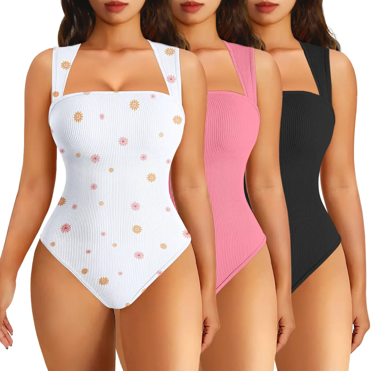 Oqqfitness Women's 3-Piece Ribbed Printed Bodysuit Set - Square Neck, Sleeveless, Stretchy Top for Casual Chic Elegance in All Seasons