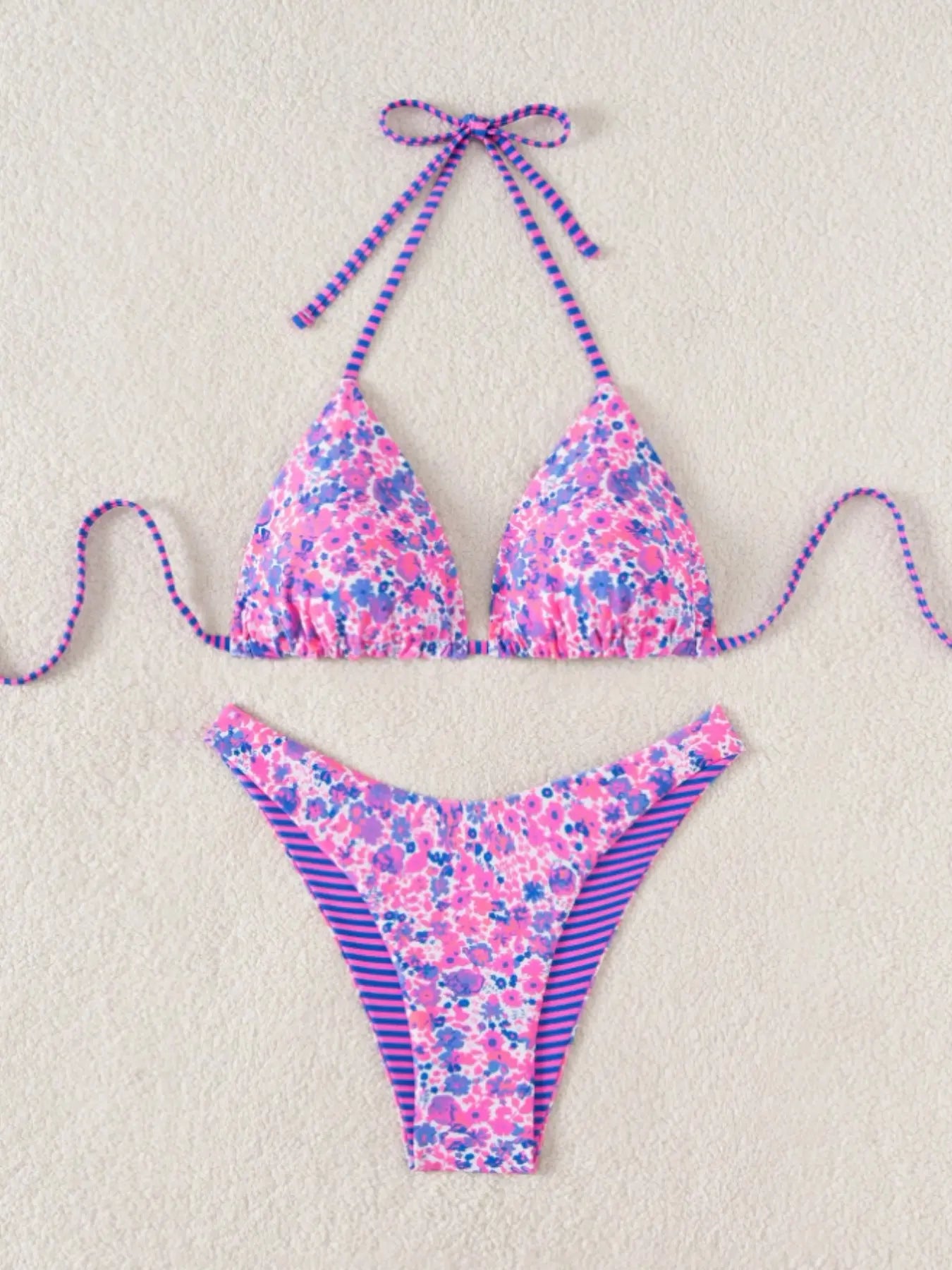 Women's Floral Print Two-Piece Bikini Swimsuit Set - Comfortable Tie-Neck Design for Pool Parties and Beach Vacations