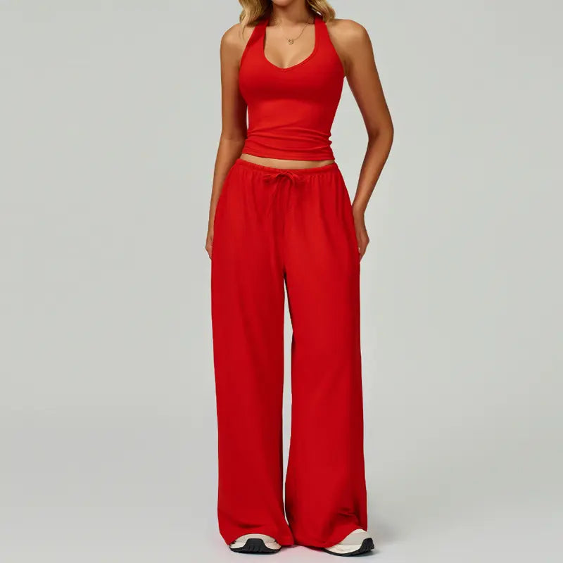 Nvwaurban Women's 2-Piece Summer Athleisure Set: Ribbed V-Neck Top and Wide Leg Pants for Gym and Travel