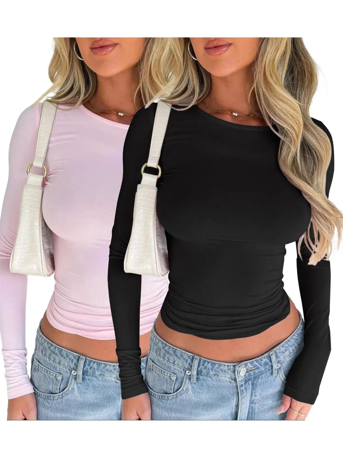 Women's Trendy Round Neck Long Sleeve Crop Top - Casual Slim-Fitting Tee for Music Festivals, Dating, and Everyday Wear
