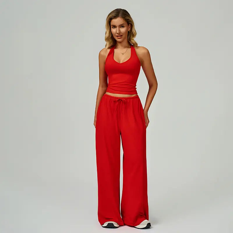 Nvwaurban Women's 2-Piece Summer Athleisure Set: Ribbed V-Neck Top and Wide Leg Pants for Gym and Travel