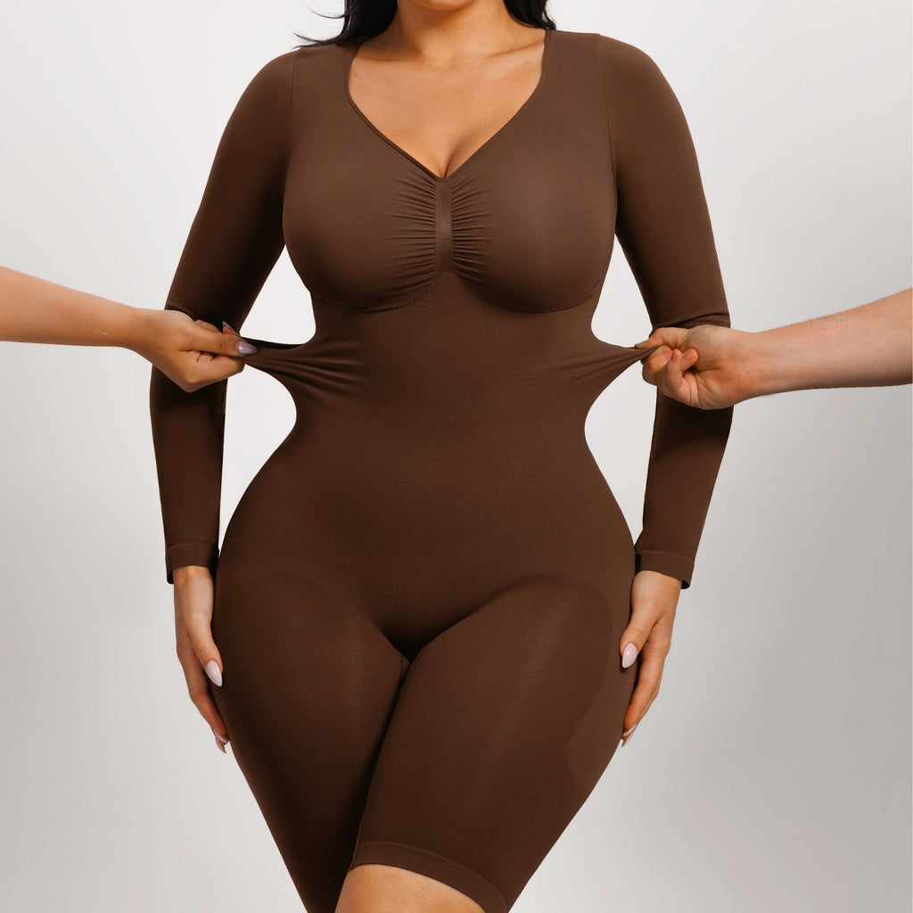 Feelingirl Women's Long Sleeve Tummy Control V-Neck Bodysuit - Basic Stretchy Slim Fit Top for Outings
