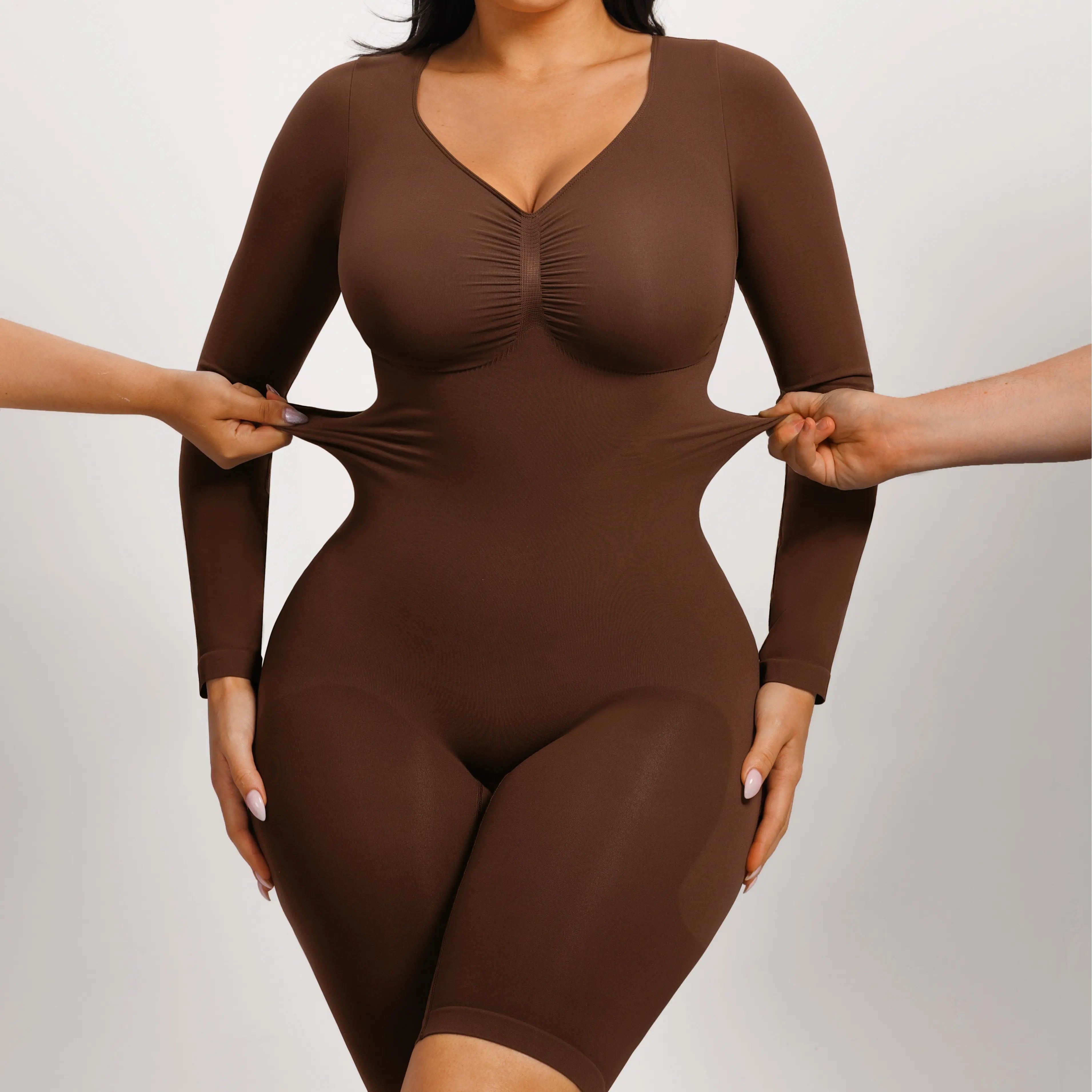 Feelingirl Women's Long Sleeve Tummy Control V-Neck Bodysuit - Basic Stretchy Slim Fit Top for Outings