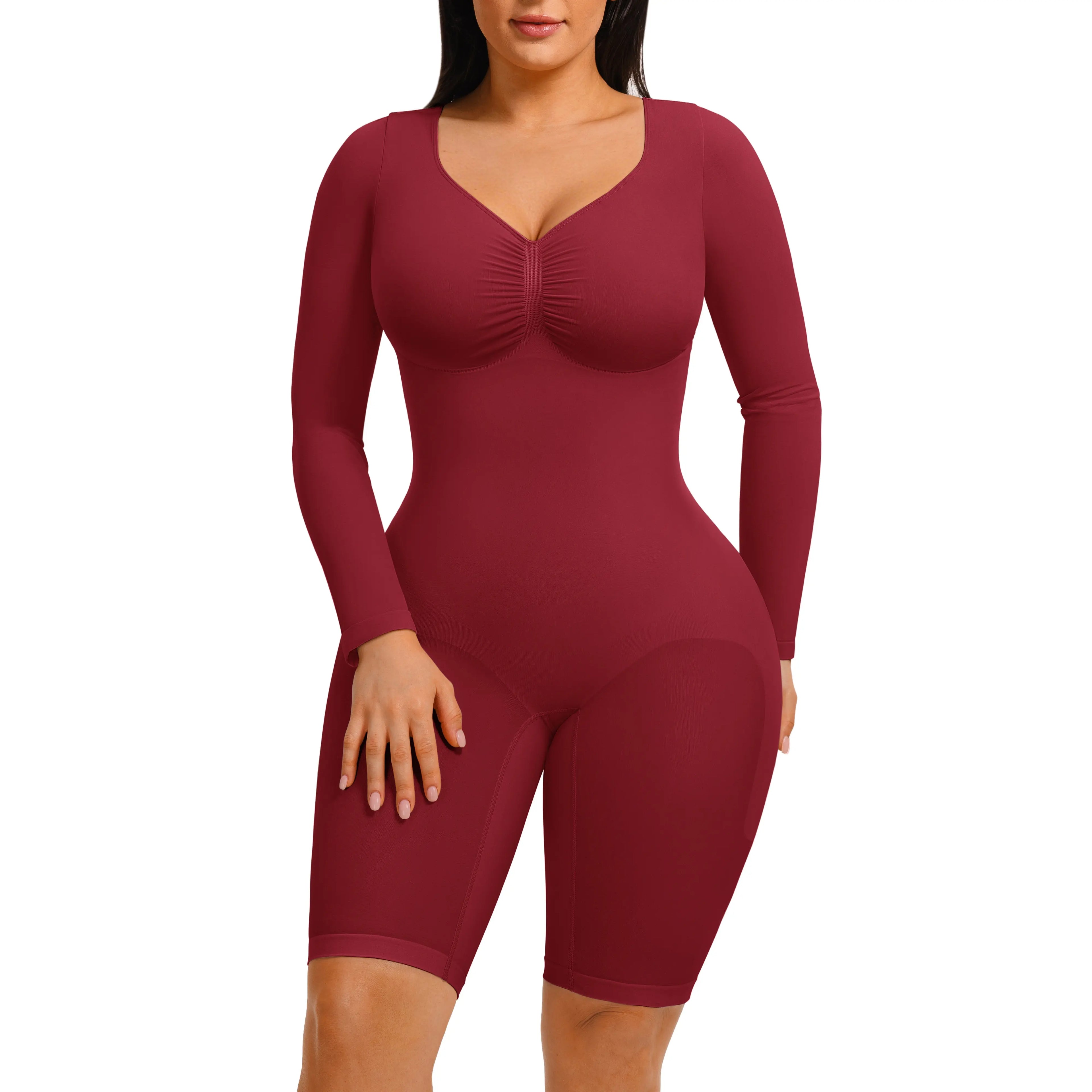 Feelingirl Women's Long Sleeve Tummy Control V-Neck Bodysuit - Basic Stretchy Slim Fit Top for Outings
