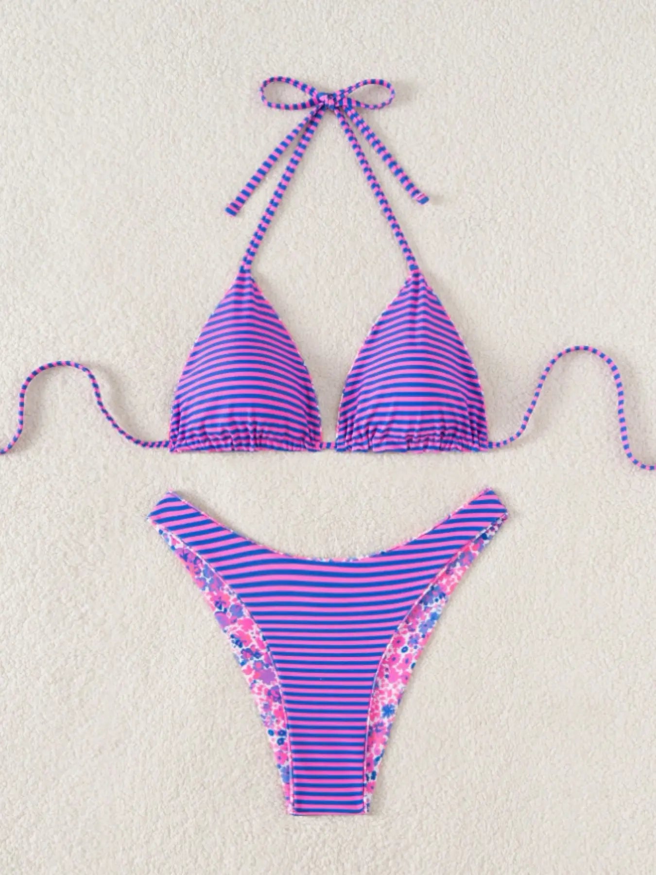 Women's Floral Print Two-Piece Bikini Swimsuit Set - Comfortable Tie-Neck Design for Pool Parties and Beach Vacations