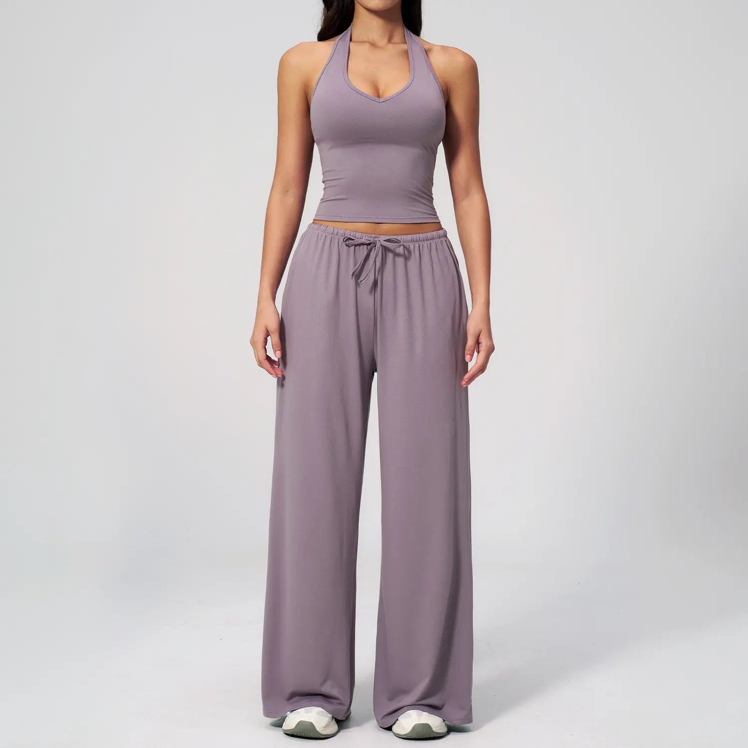 Nvwaurban Women's 2-Piece Summer Athleisure Set: Ribbed V-Neck Top and Wide Leg Pants for Gym and Travel